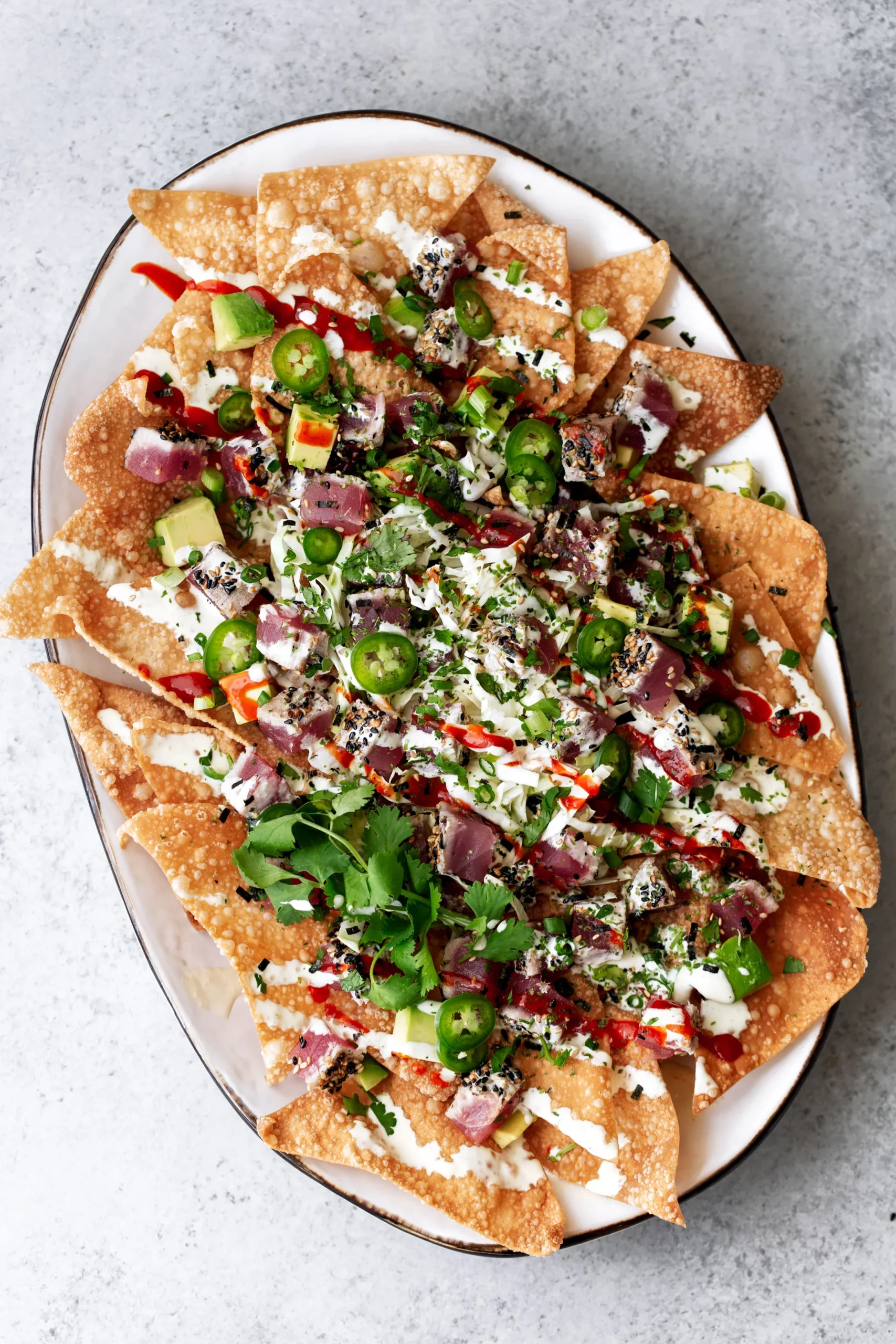 Ahi Wonton Nachos with Wasabi Mayo