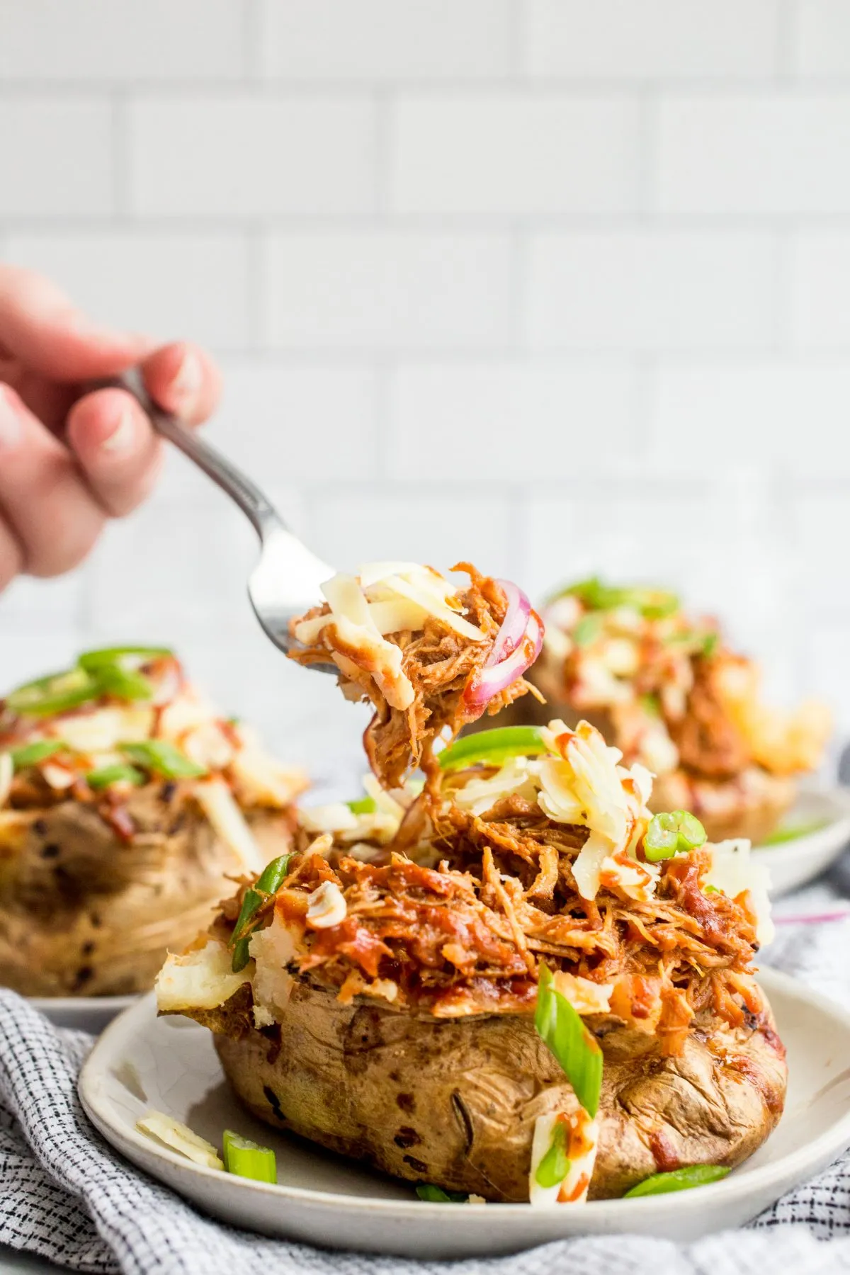 Air Fryer Baked Potatoes with Pulled Pork BBQ Sauce