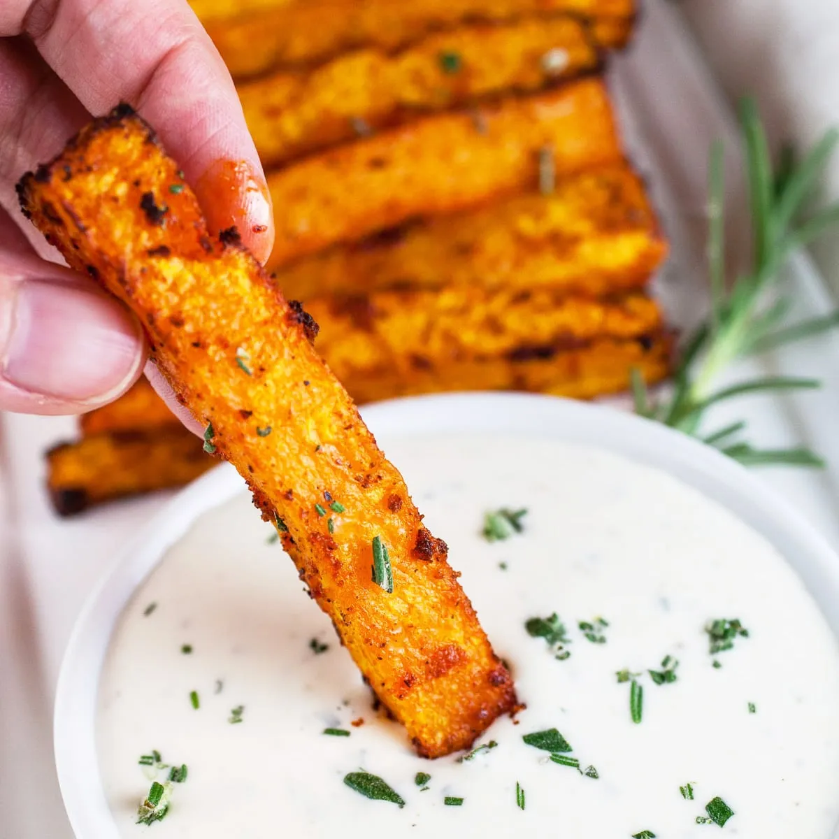 Air Fryer Butternut Squash Fries with Parmesan Garlic Dipping Sauce