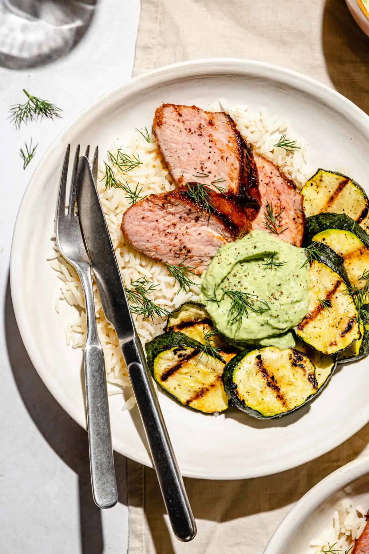 BBQ Glazed Pork Tenderloin with Avocado Crema