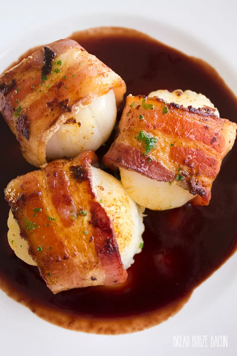 Bacon Wrapped Scallops with Pomegranate Sauce