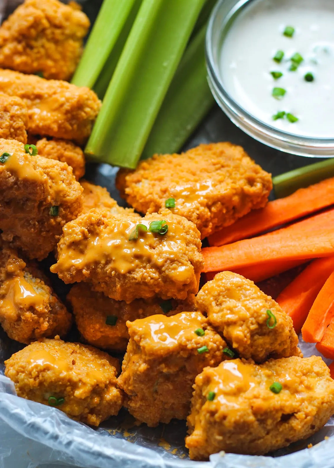 Baked Buffalo Tofu Nuggets with Vegan Ranch Sauce (Gluten Free)