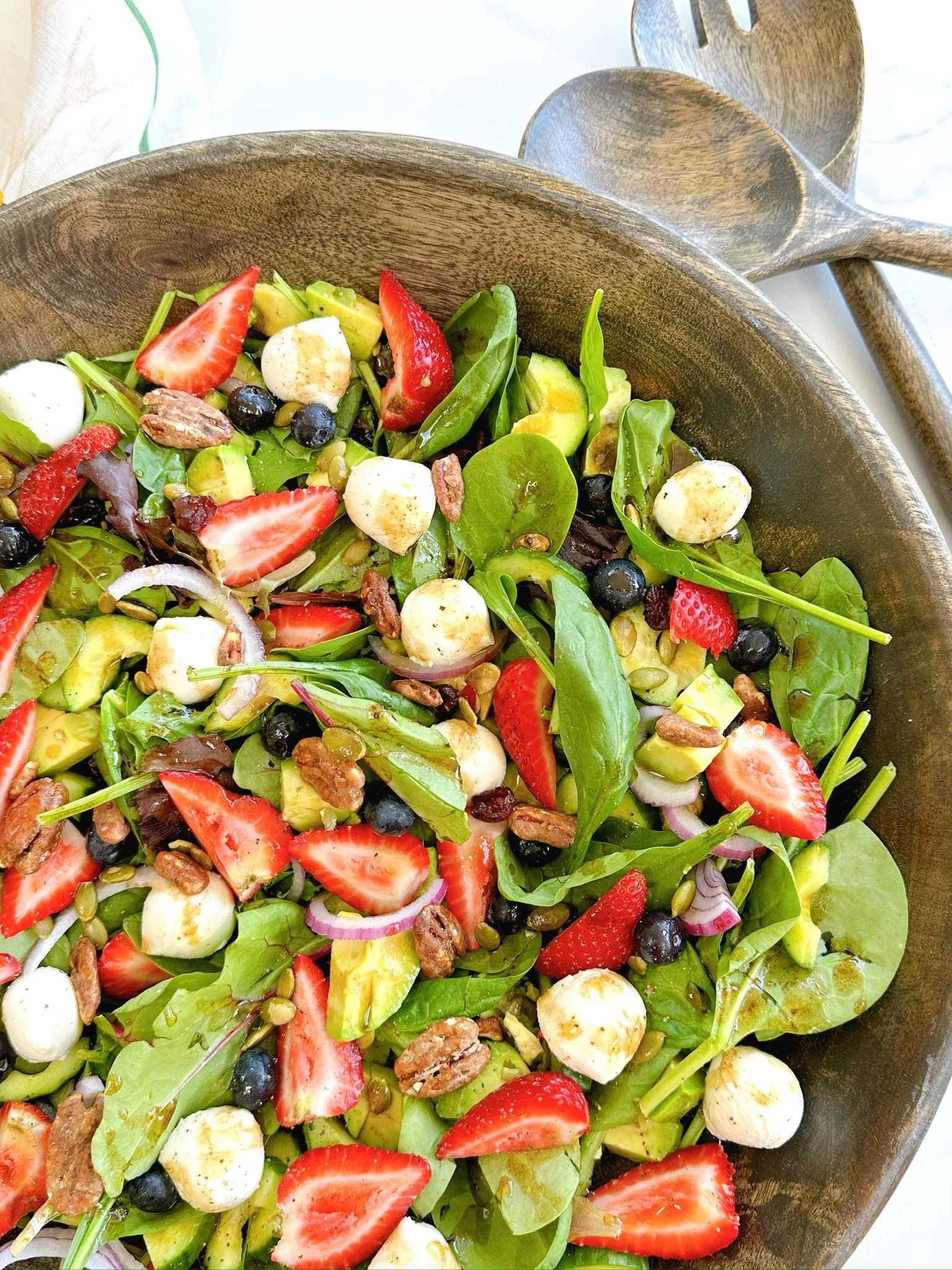 Berry Salad with Leafy Greens and Balls of Fresh Mozzarella