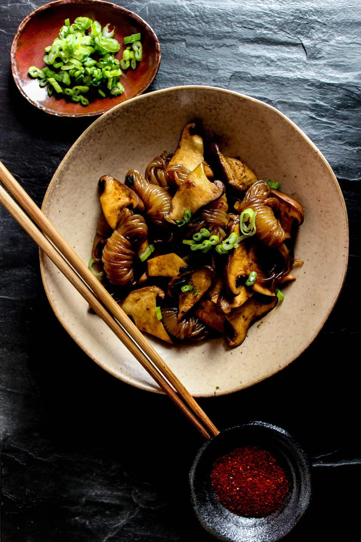 Black Garlic Shirataki Noodles with King Oyster Mushrooms