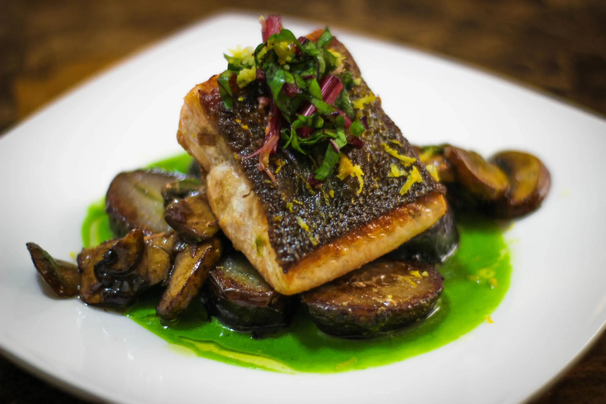 Braised Salmon with Mushrooms, Potato Puree, and Watercress