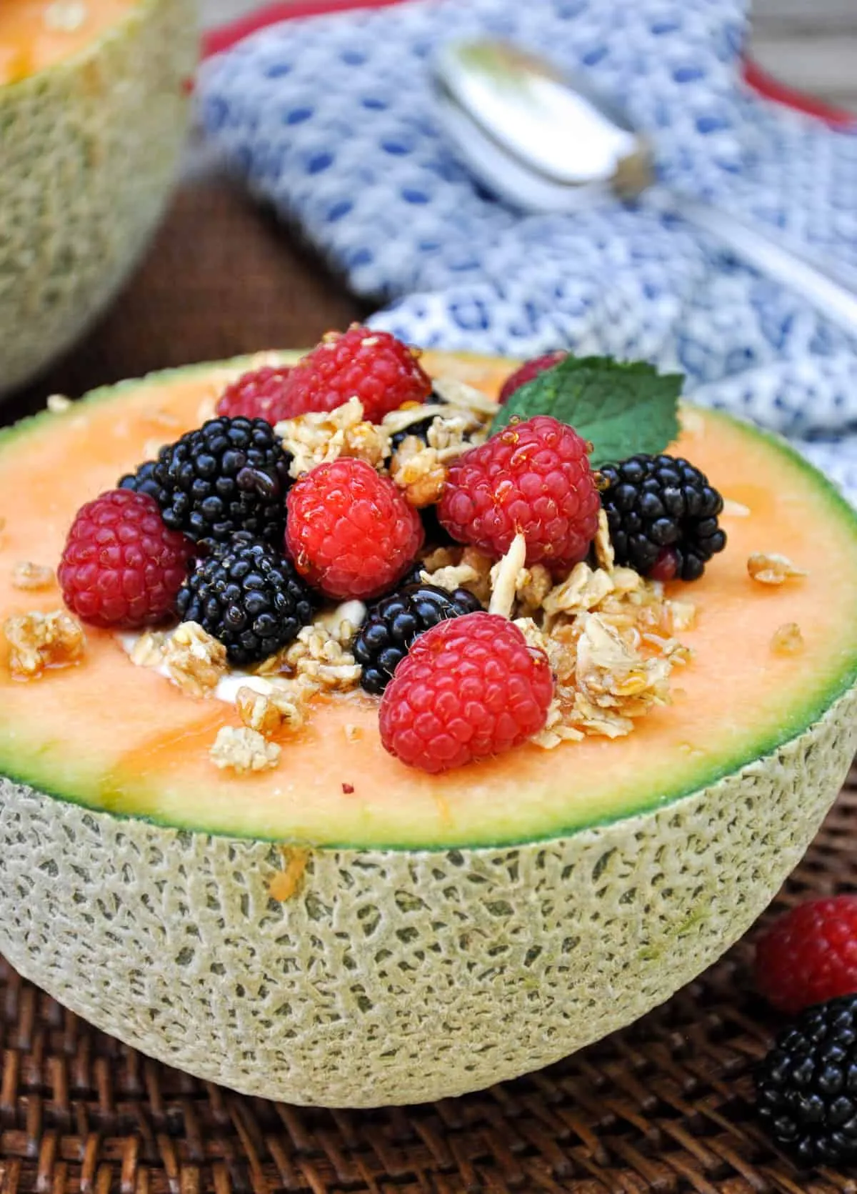 Breakfast Cantaloupe Bowl with Strawberries and Greek Yogurt