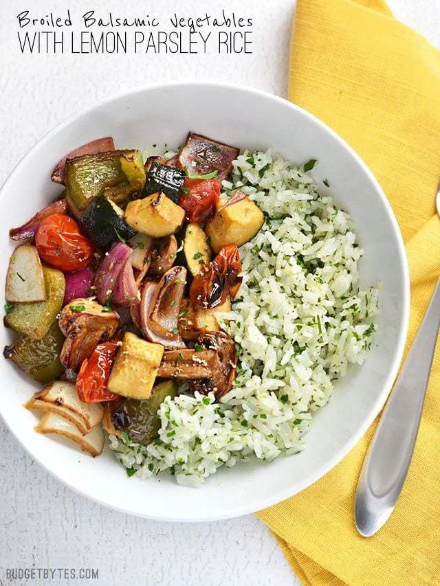 Broiled Balsamic Vegetables with Lemon Parsley Rice