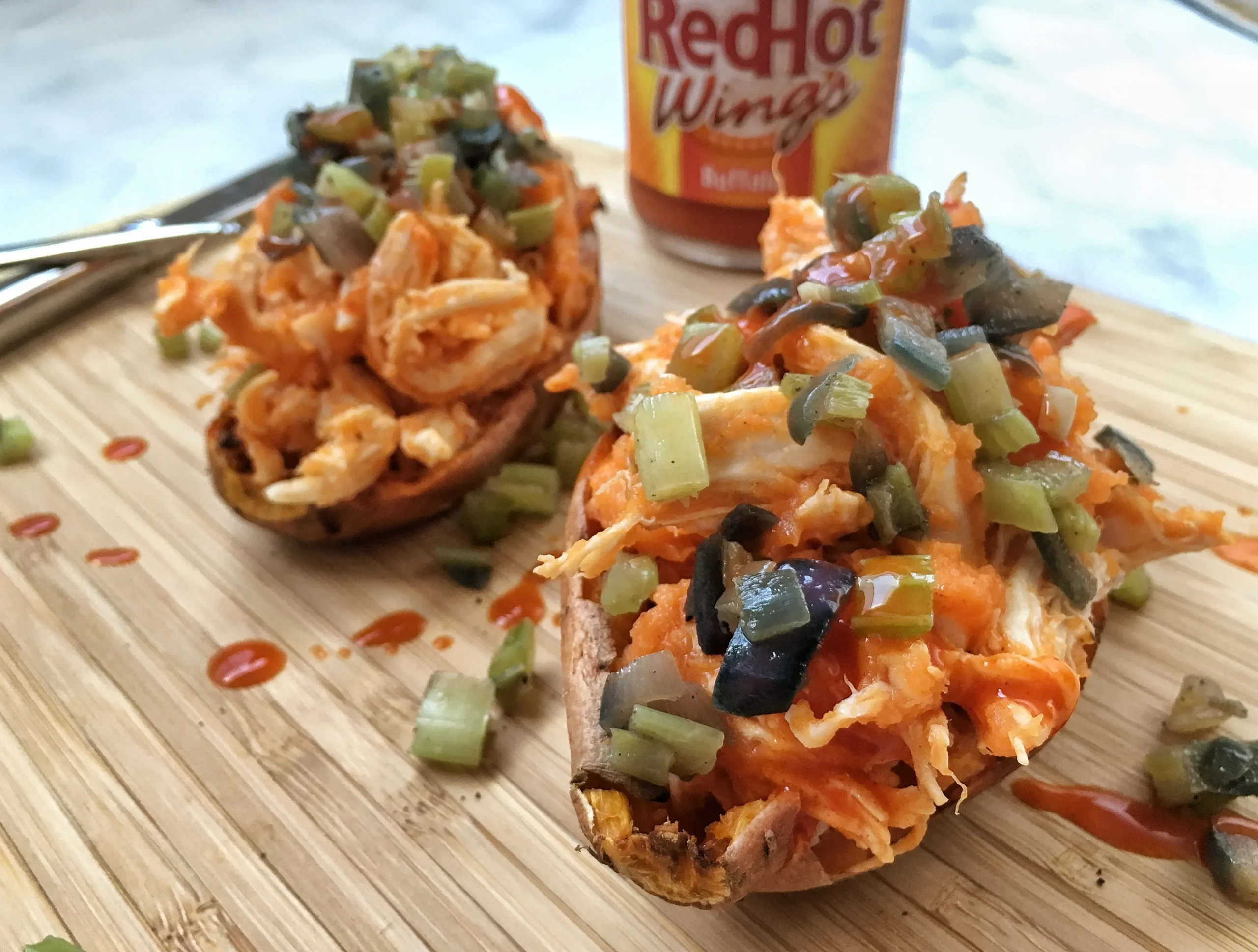Buffalo Chicken Sweet Potato Skins