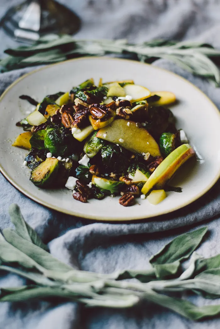 Caramelized Brussels Sprout Salad with Blue Cheese, Bacon, and Caramel Apple Vinaigrette