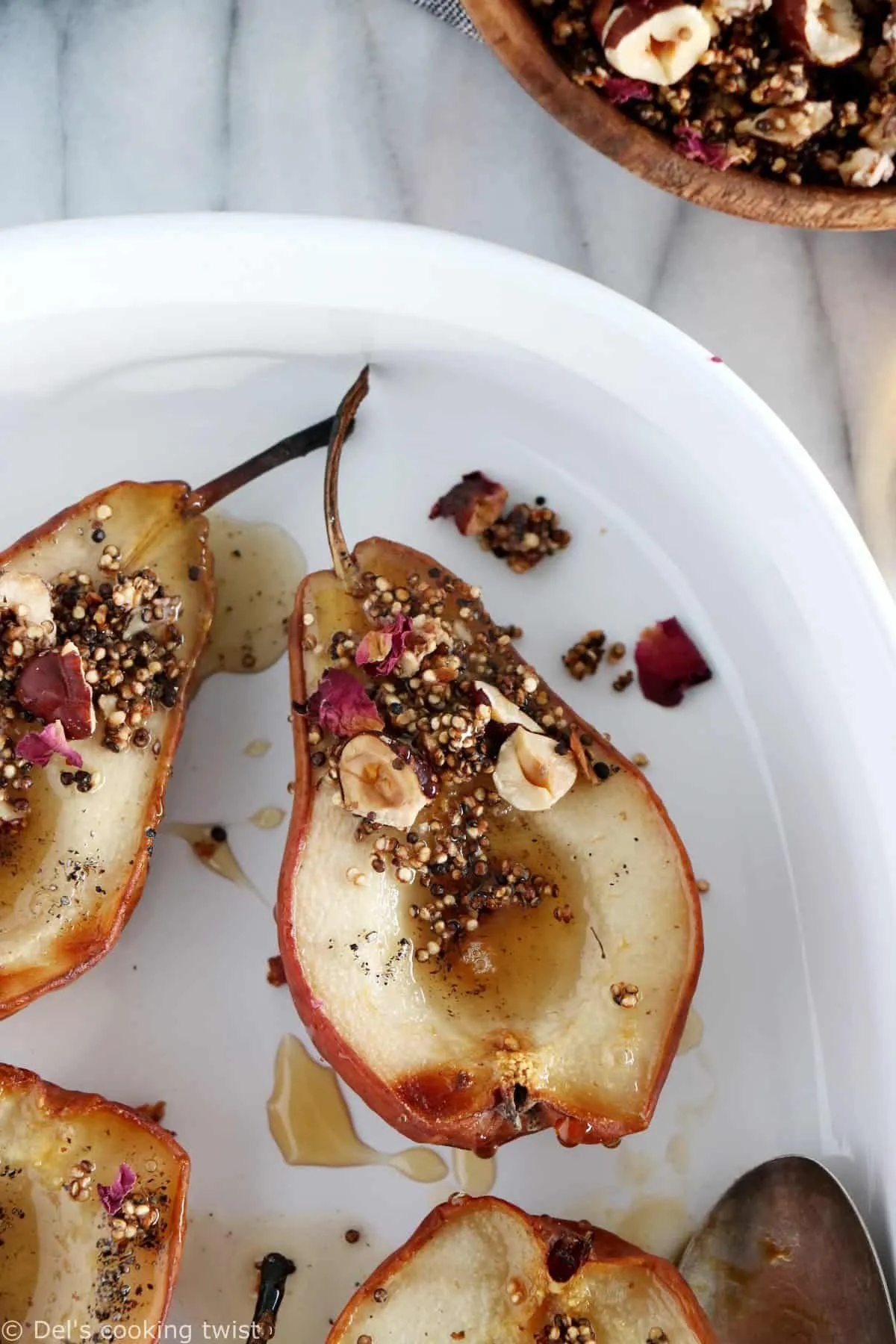 Cardamom Infused Pears with Quinoa Nut Crunch