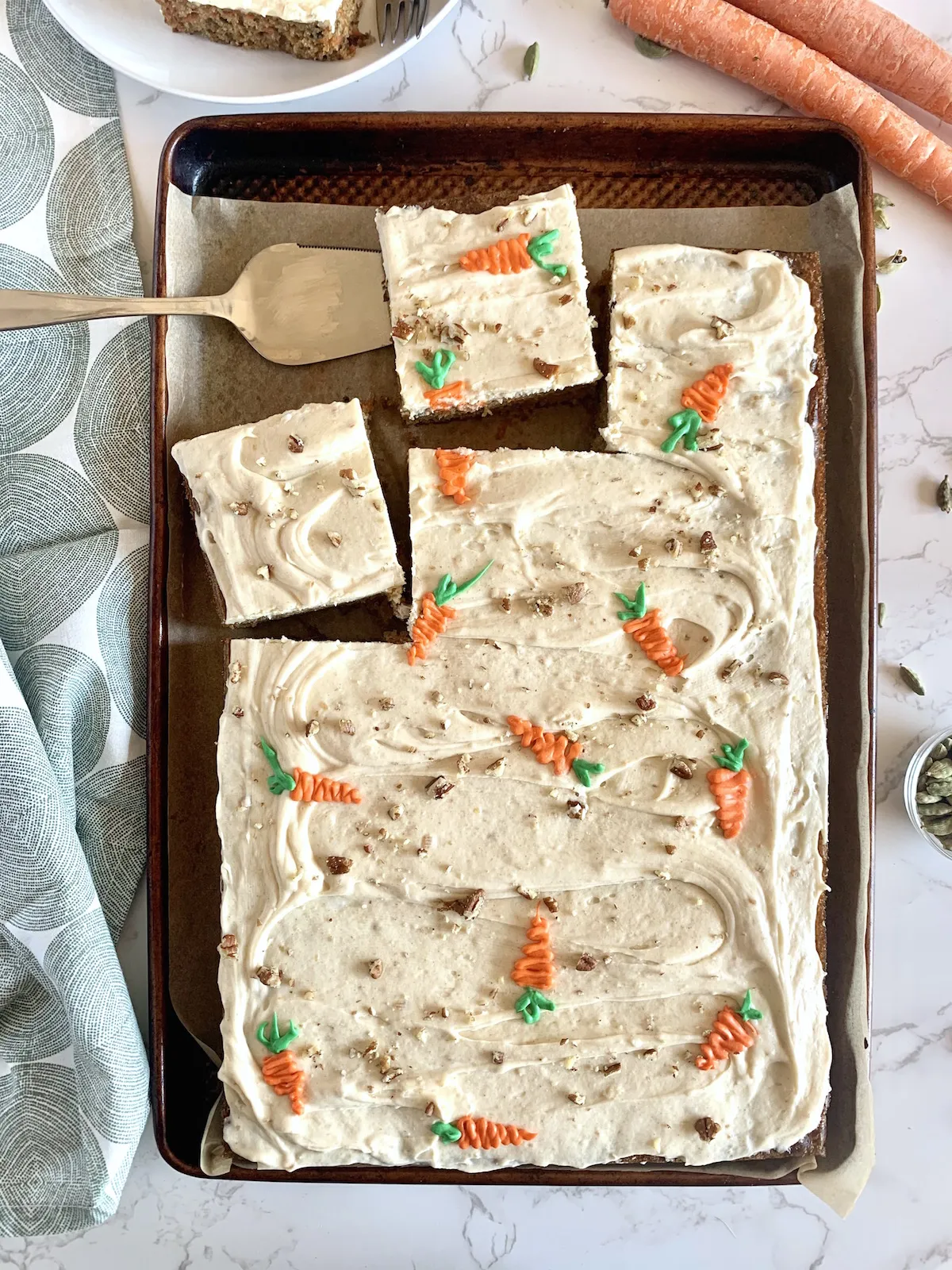 Cardamom Spiced Carrot Sheet Cake with Brown Butter Cream Cheese Frosting