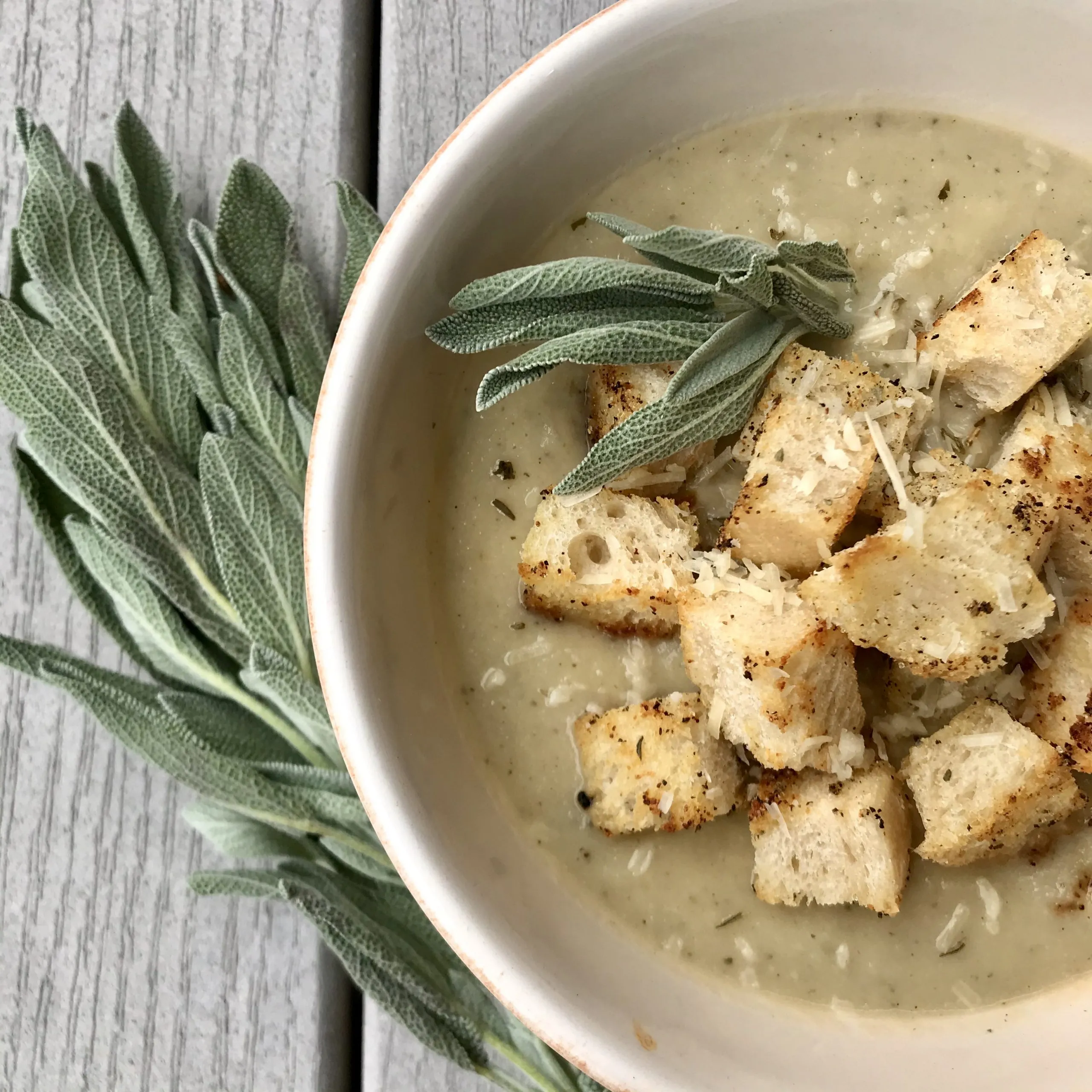 Cauliflower White Bean Soup with Herb Croutons (Vegan)