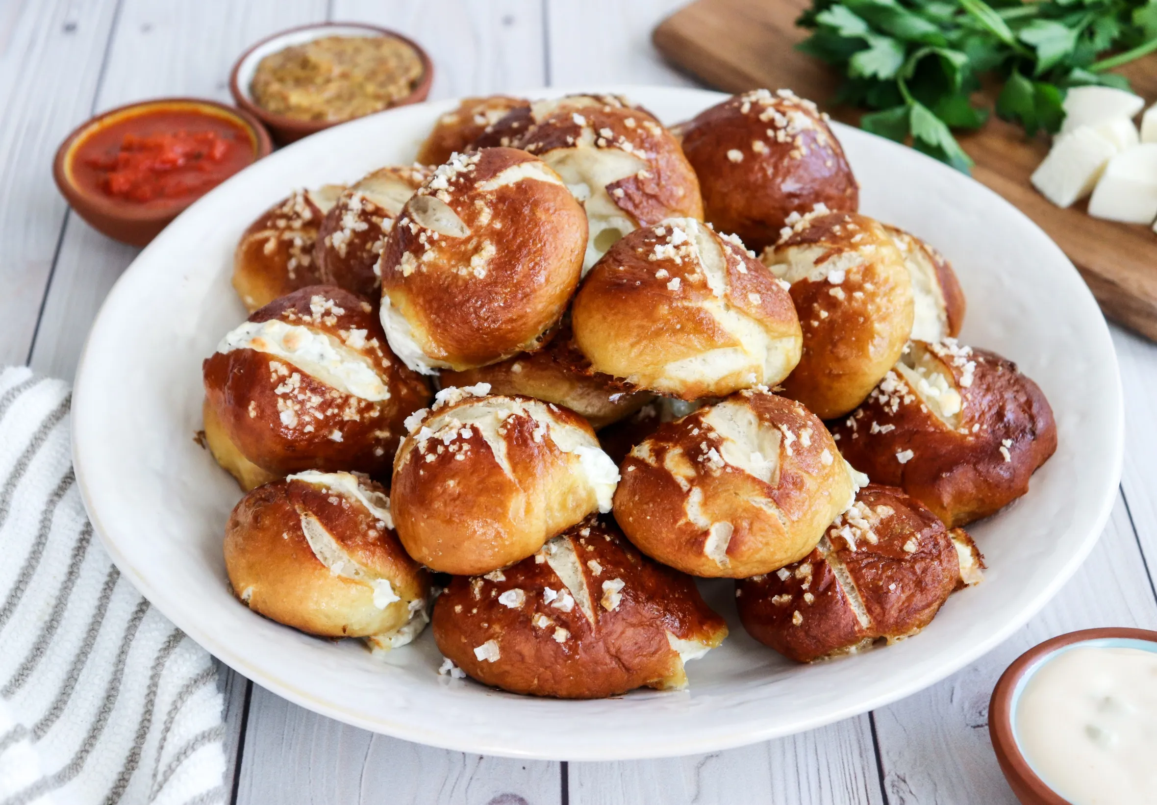Cheese Mustard Stuffed Pretzel Bites