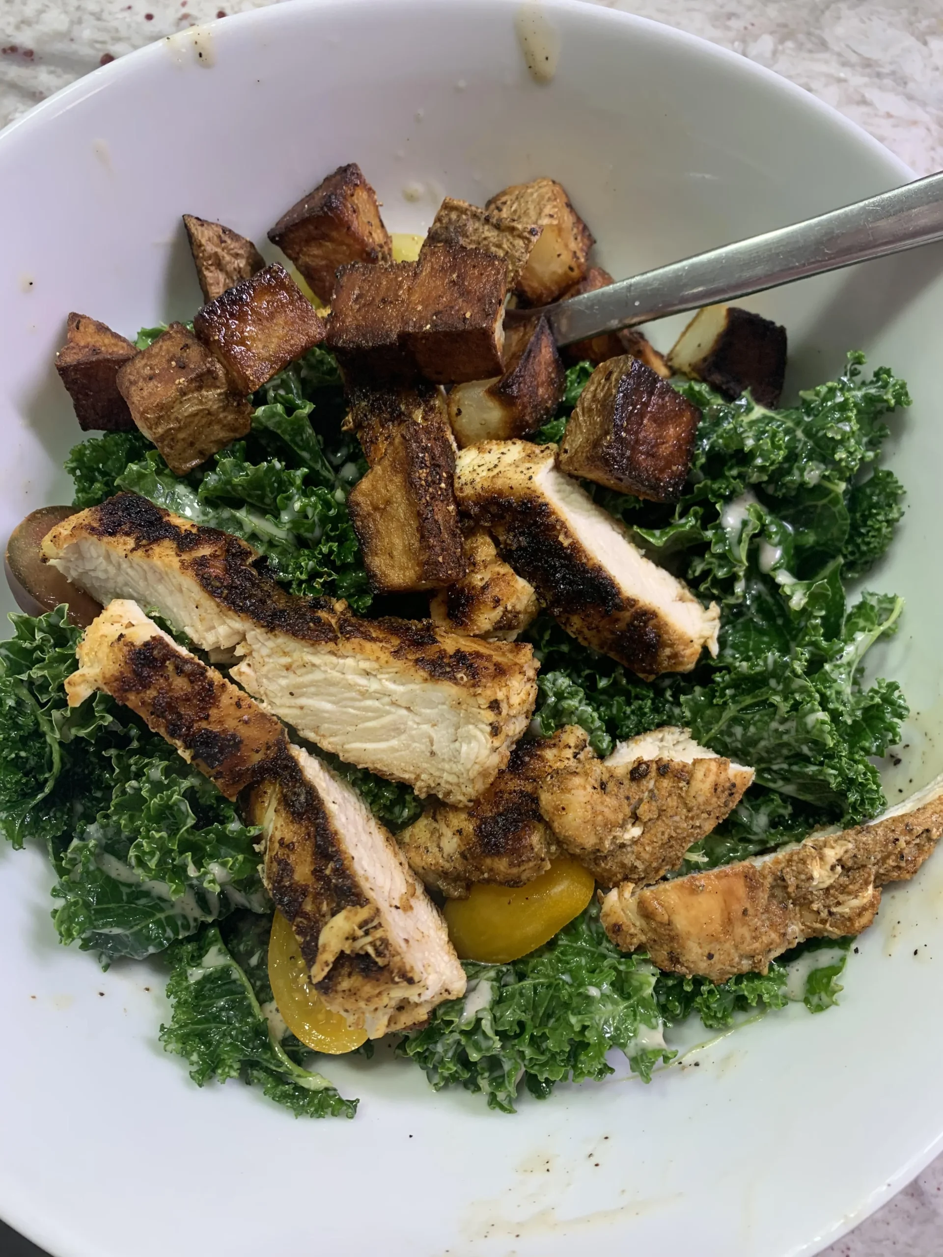 Chicken Kale Caesar Salad with Croutons