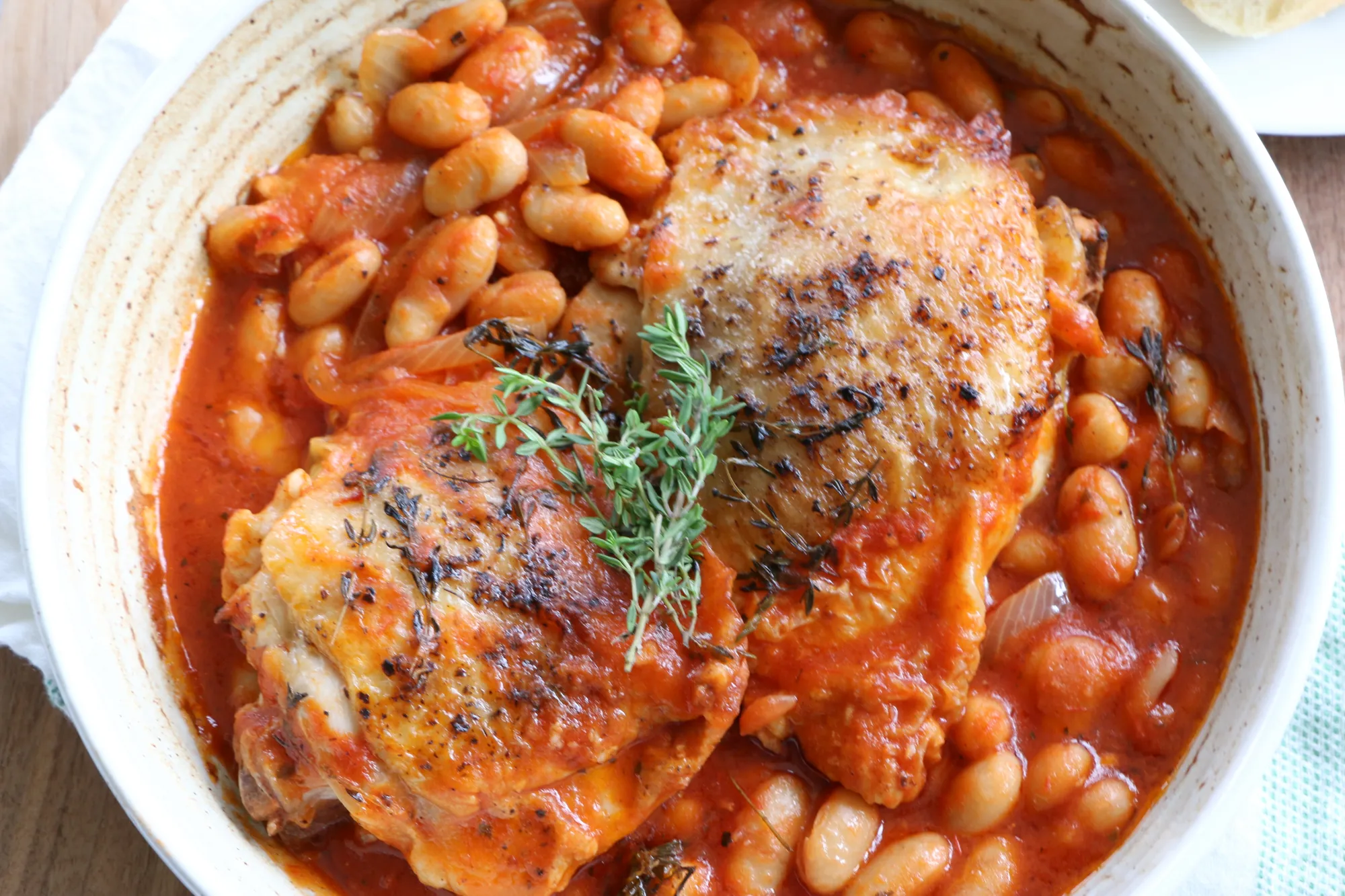 Chicken with White Beans, Wine, and Grape Tomatoes