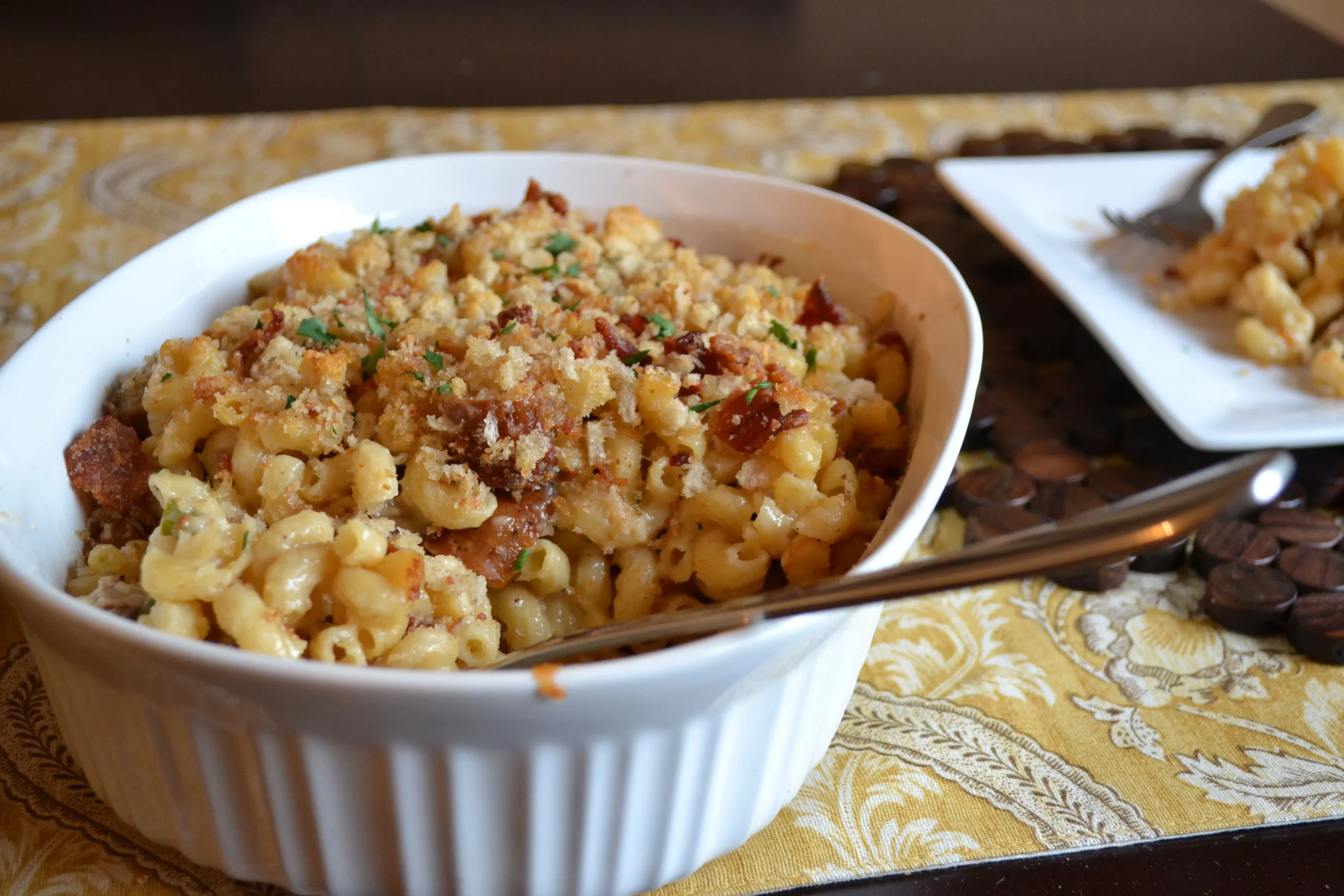 Cider Mac n Cheese with Smoked Andouille Chicken Sausage and Bacon Breadcrumbs