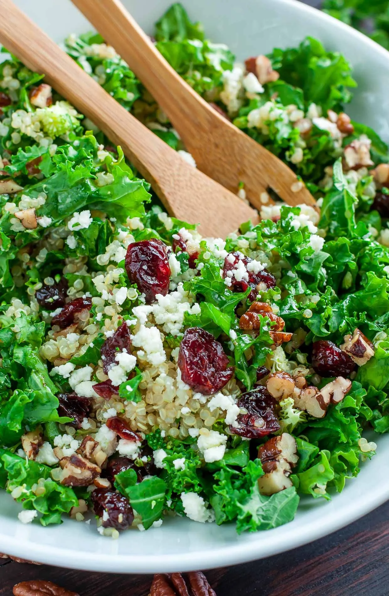 Cranberry Kale Quinoa Salad with Candied Pecans and Feta