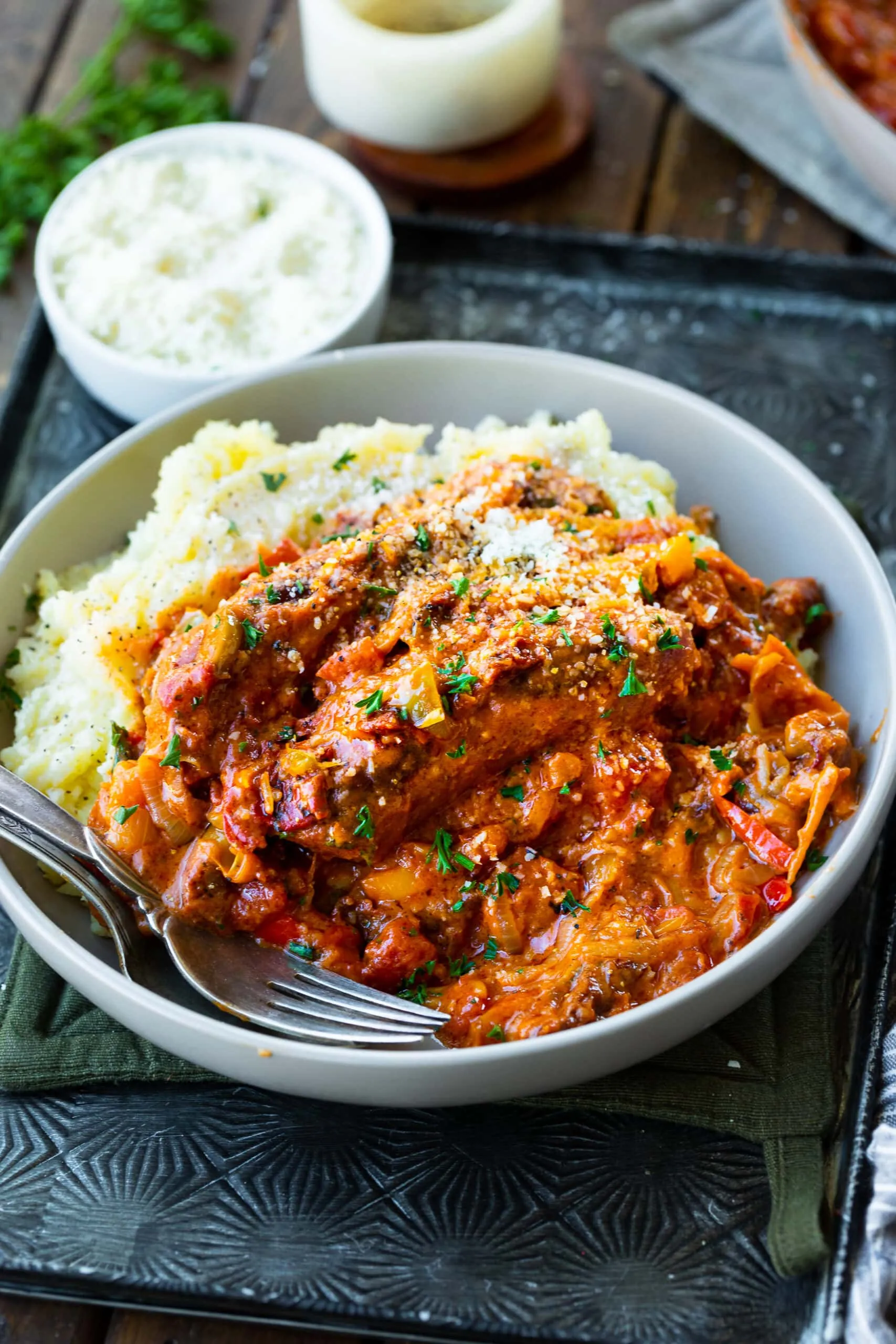 Creamy Sausage and Peppers over Mashed Potatoes