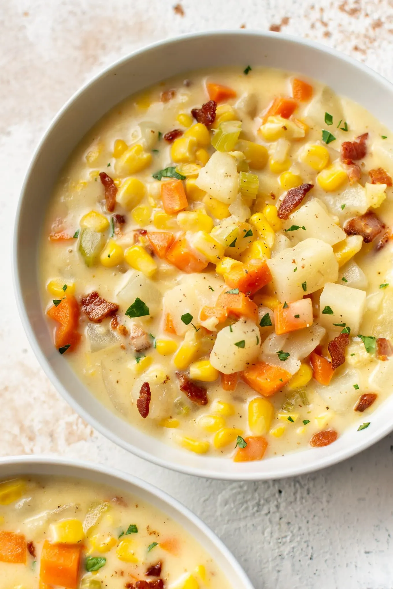 Creamy Tomato Soup with Corn, Chicken, and Bacon