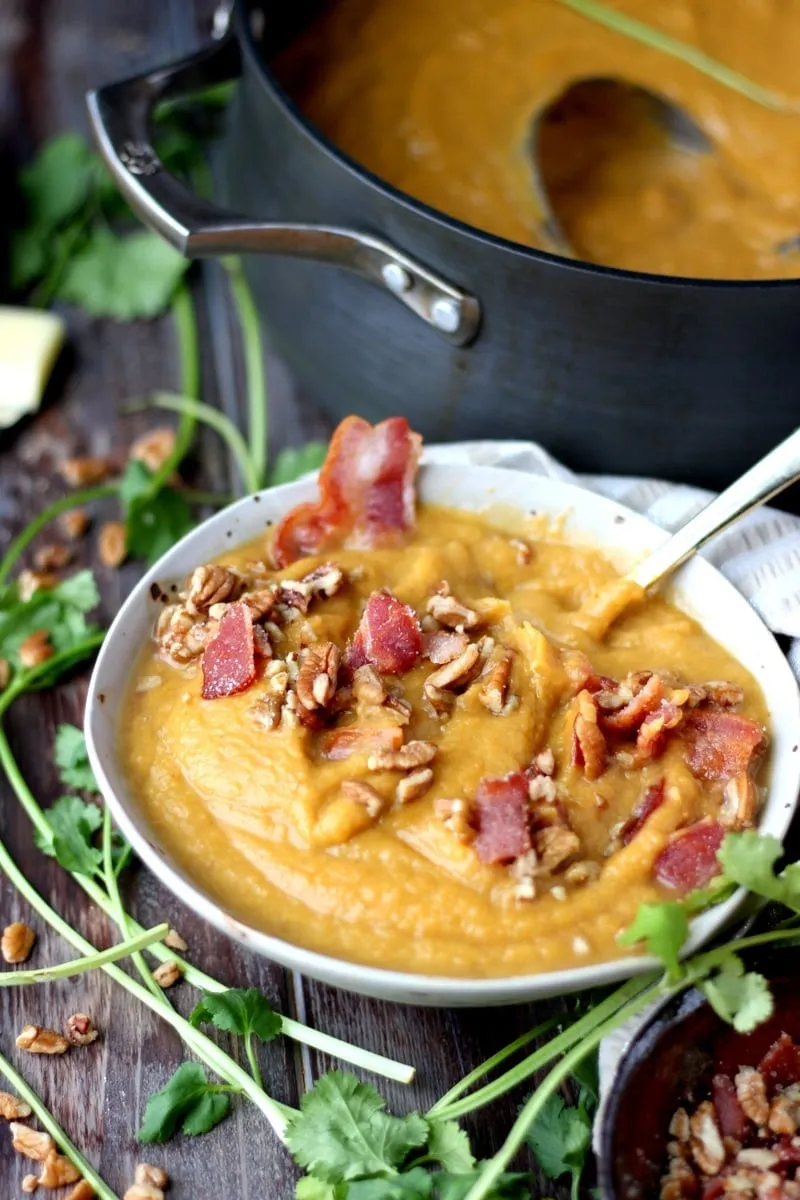 Creamy Winter Soup with Candied Pecans and Bacon