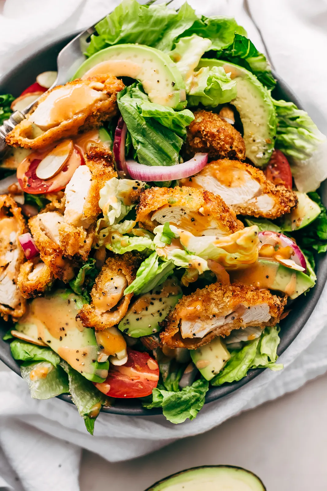 Crispy Chicken Salad with Sriracha Honey BBQ Dressing