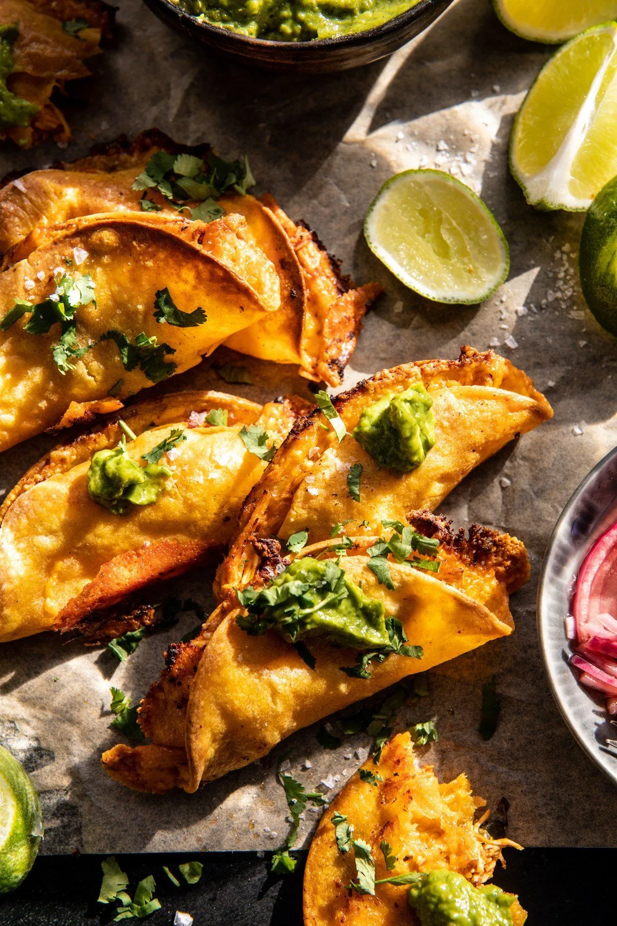 Crispy Chicken Tacos with Pickled Jalapenos and Chipotle Crema