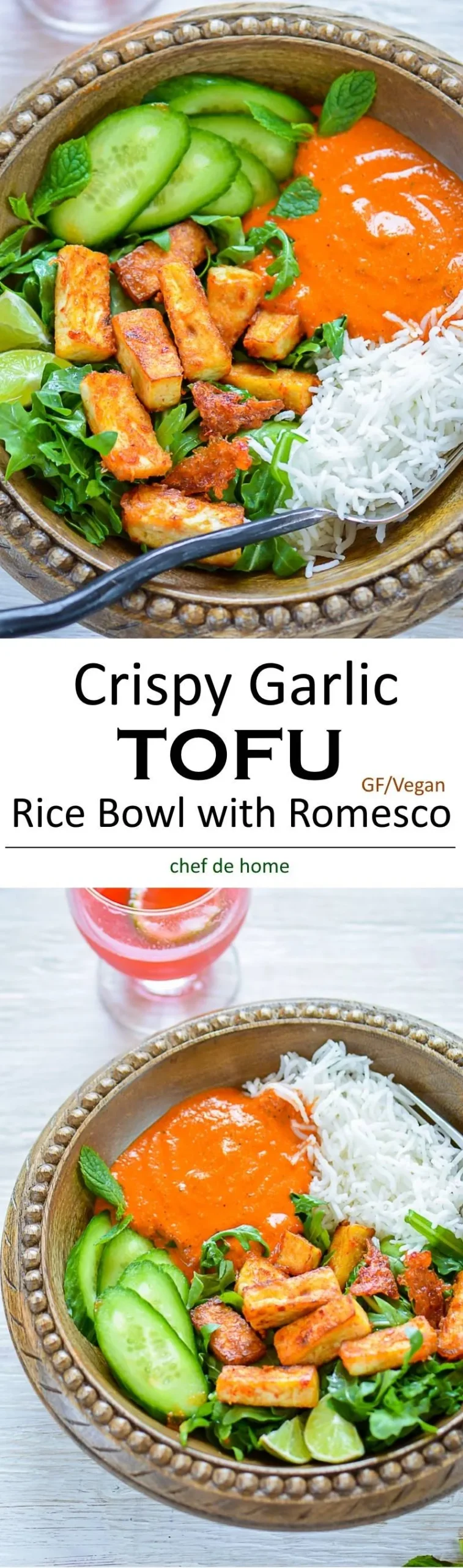 Crispy Garlic Tofu Rice Bowl with Romesco Sauce
