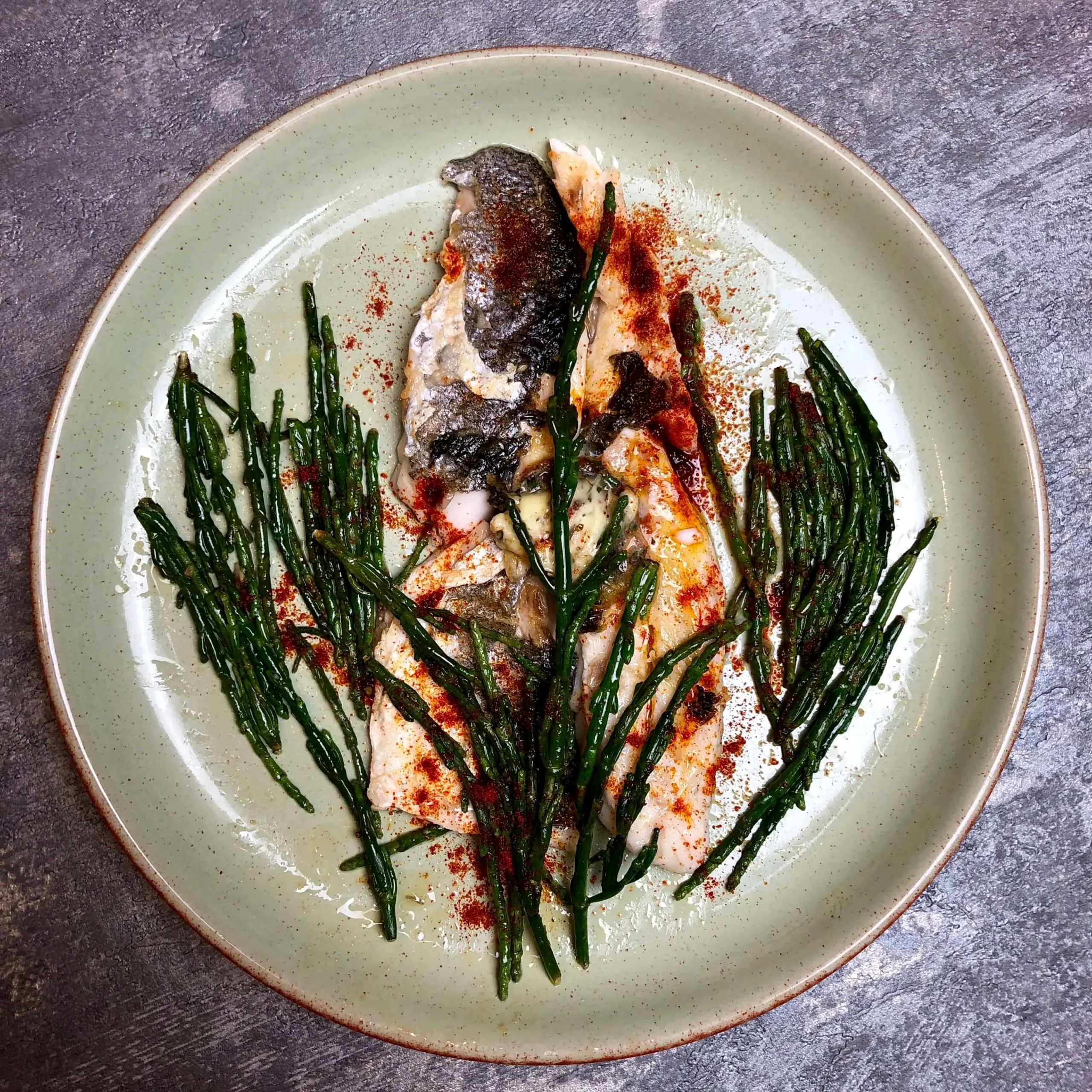 Crispy Sea Bass with Garlic and Samphire Noodles