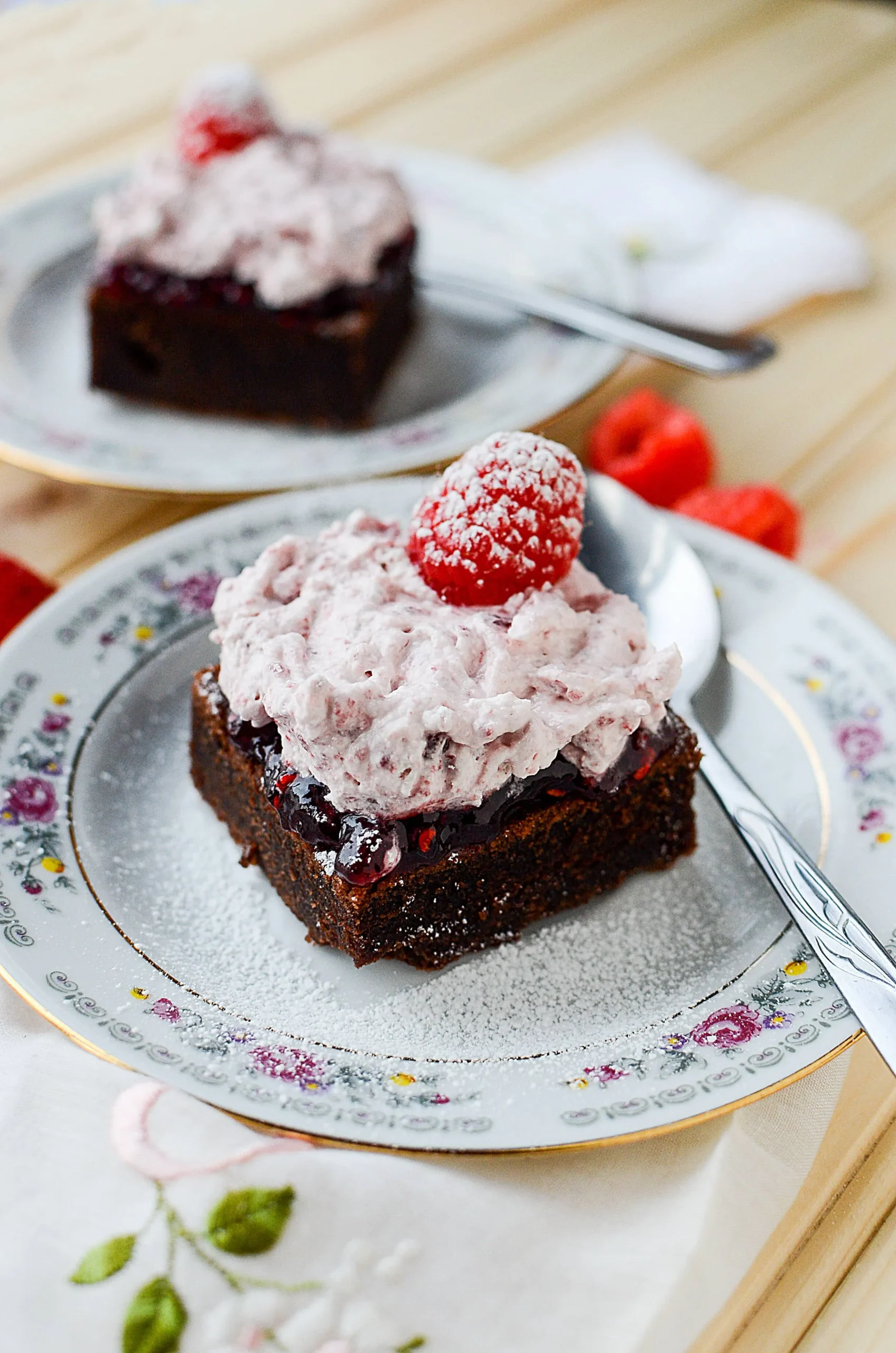 Double Chocolate Brownies with Raspberry Compote