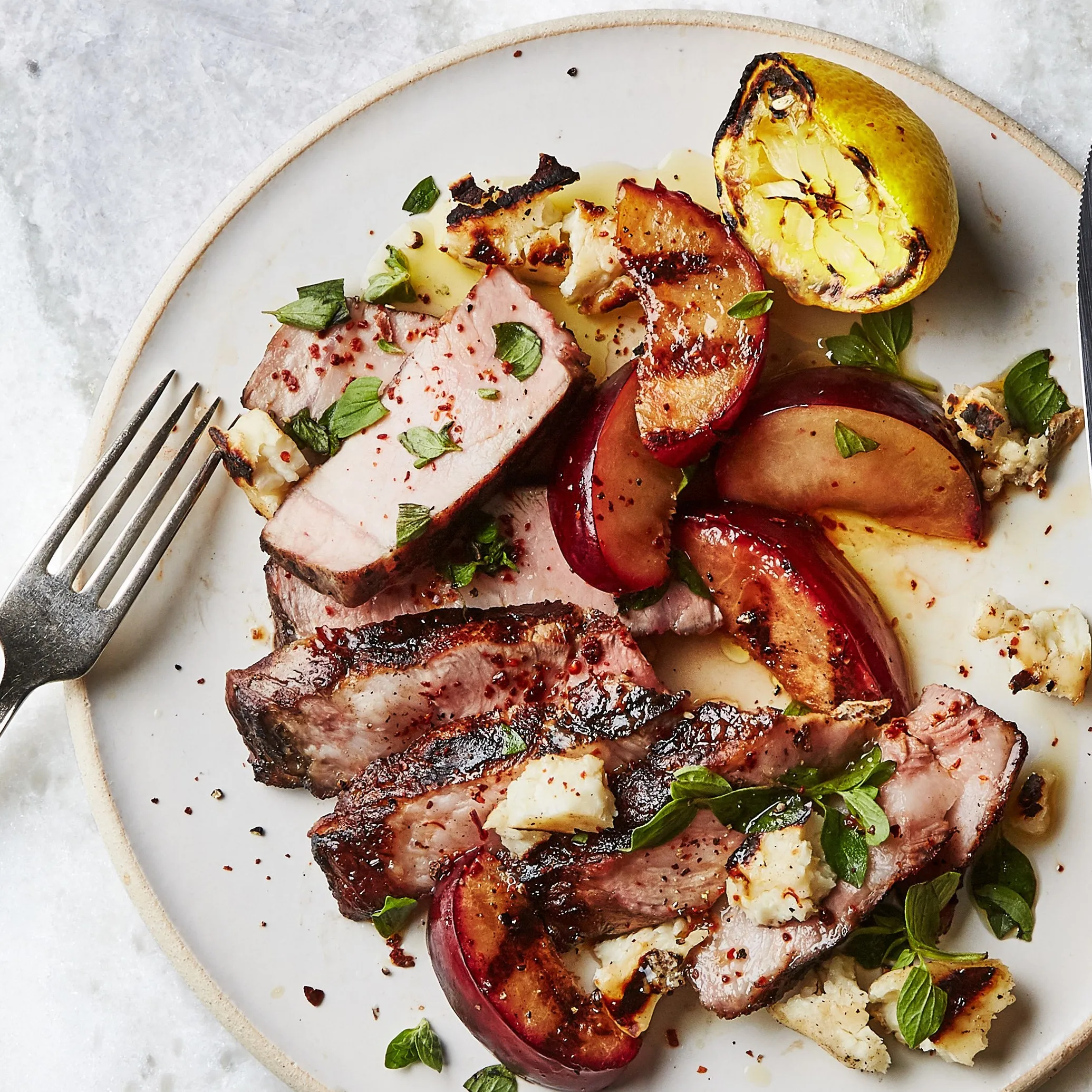 Five Spice Pork Chops with Grilled Plums