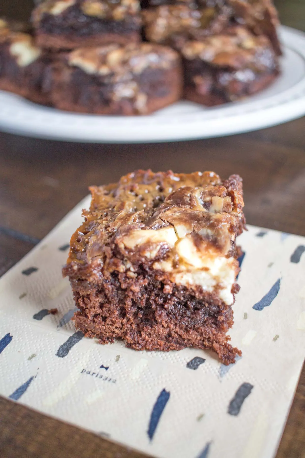 Flourless Caramel Cashew Cheesecake Swirl Brownies