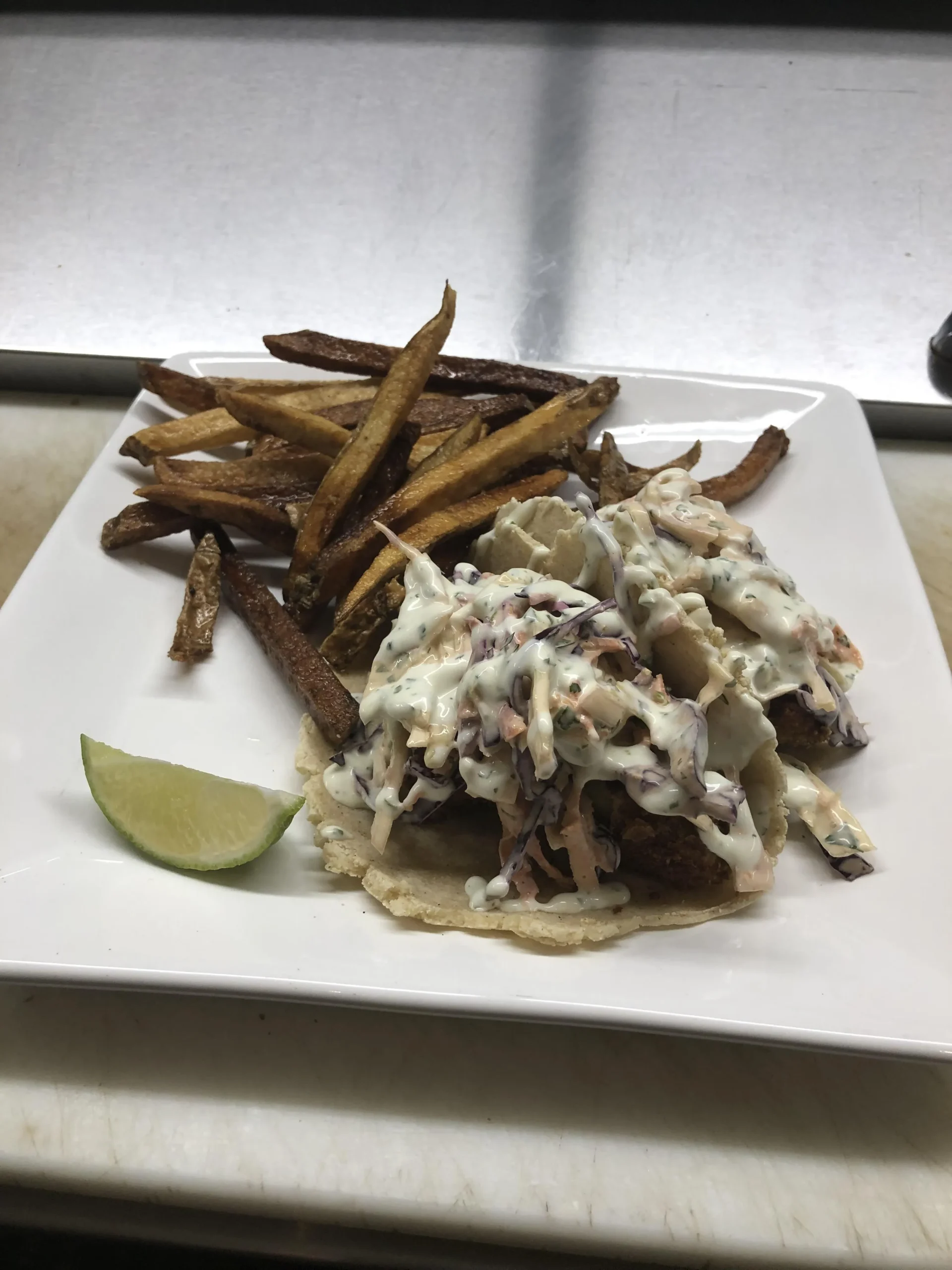 Fried Avocado Tacos with Jalapeno Slaw and Cilantro Lime Crema