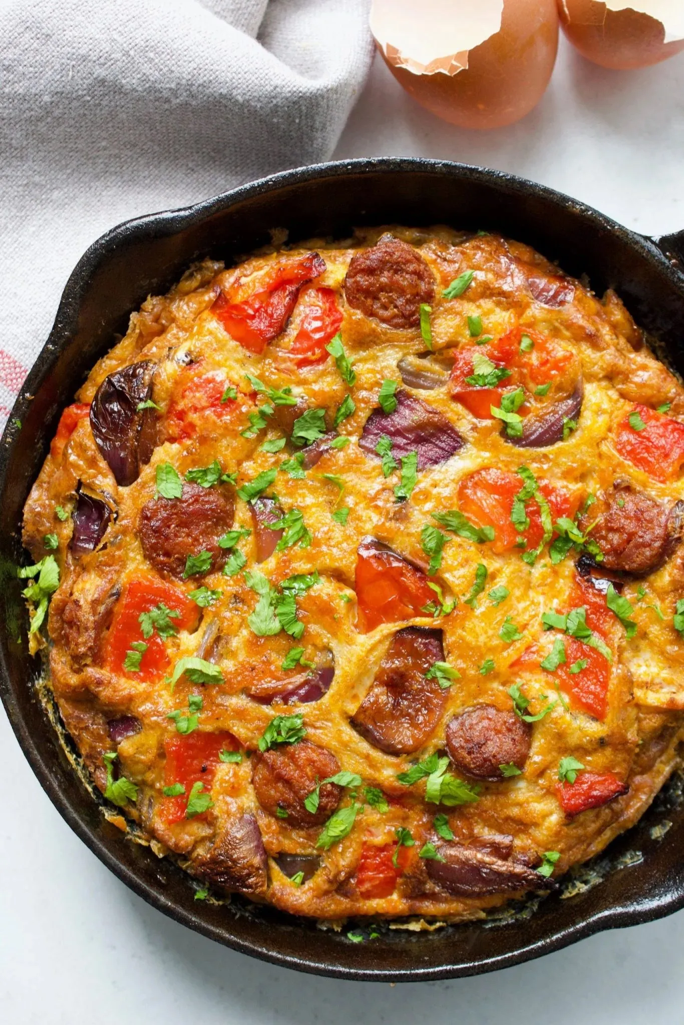 Frittata with Chicken Chorizo, Manchego, and Roasted Peppers