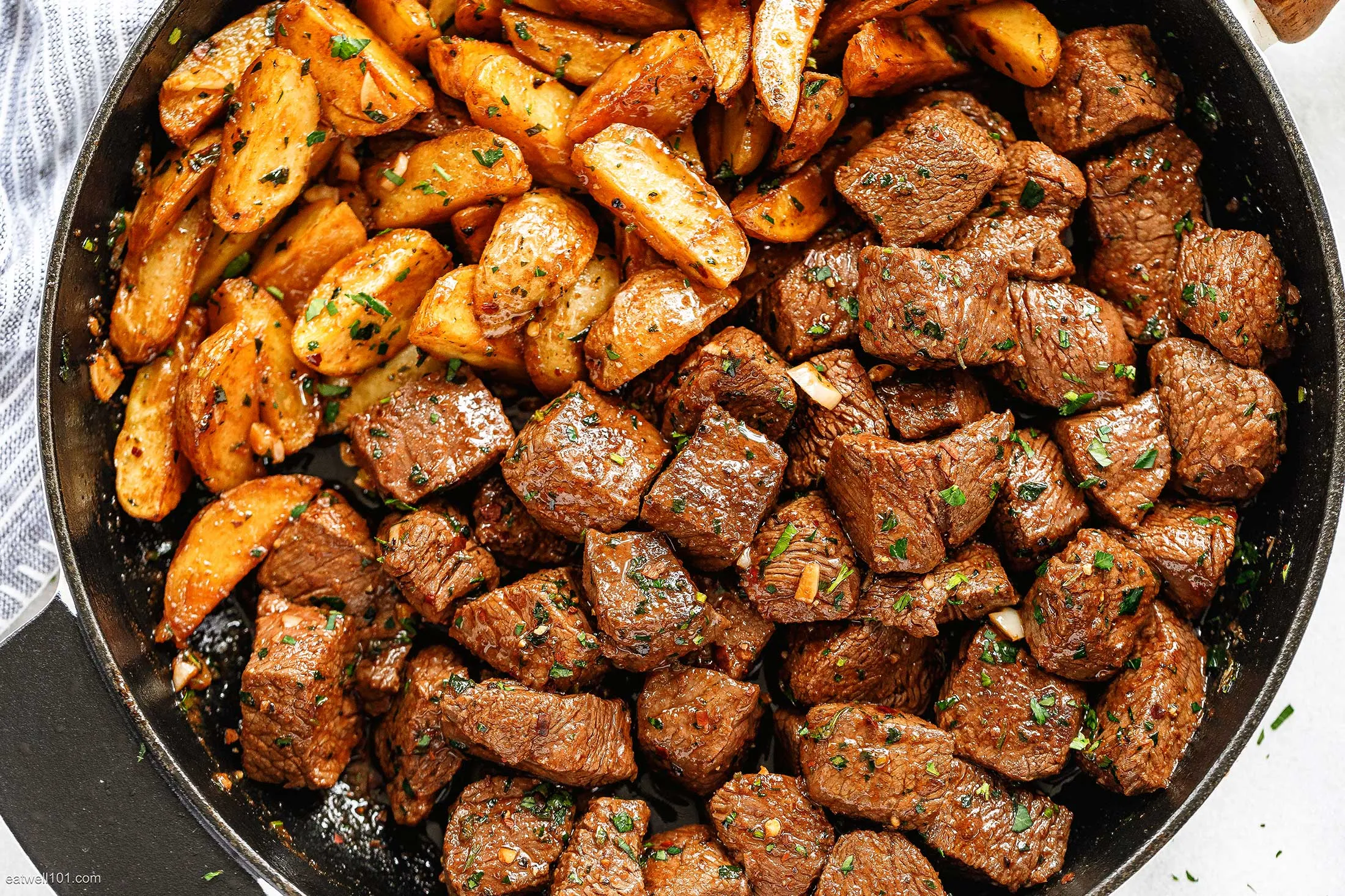 Garlic Butter Steak Bites and Cheesy Smashed Potatoes