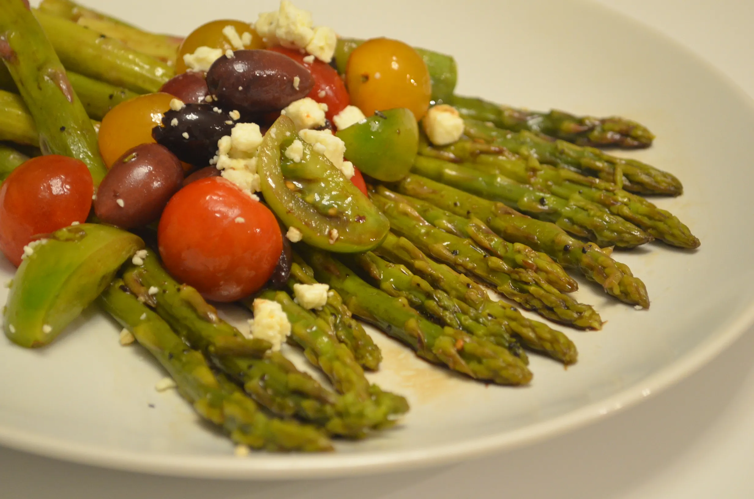 Greek Style Grilled Asparagus Salad with Tomatoes and Feta Cheese