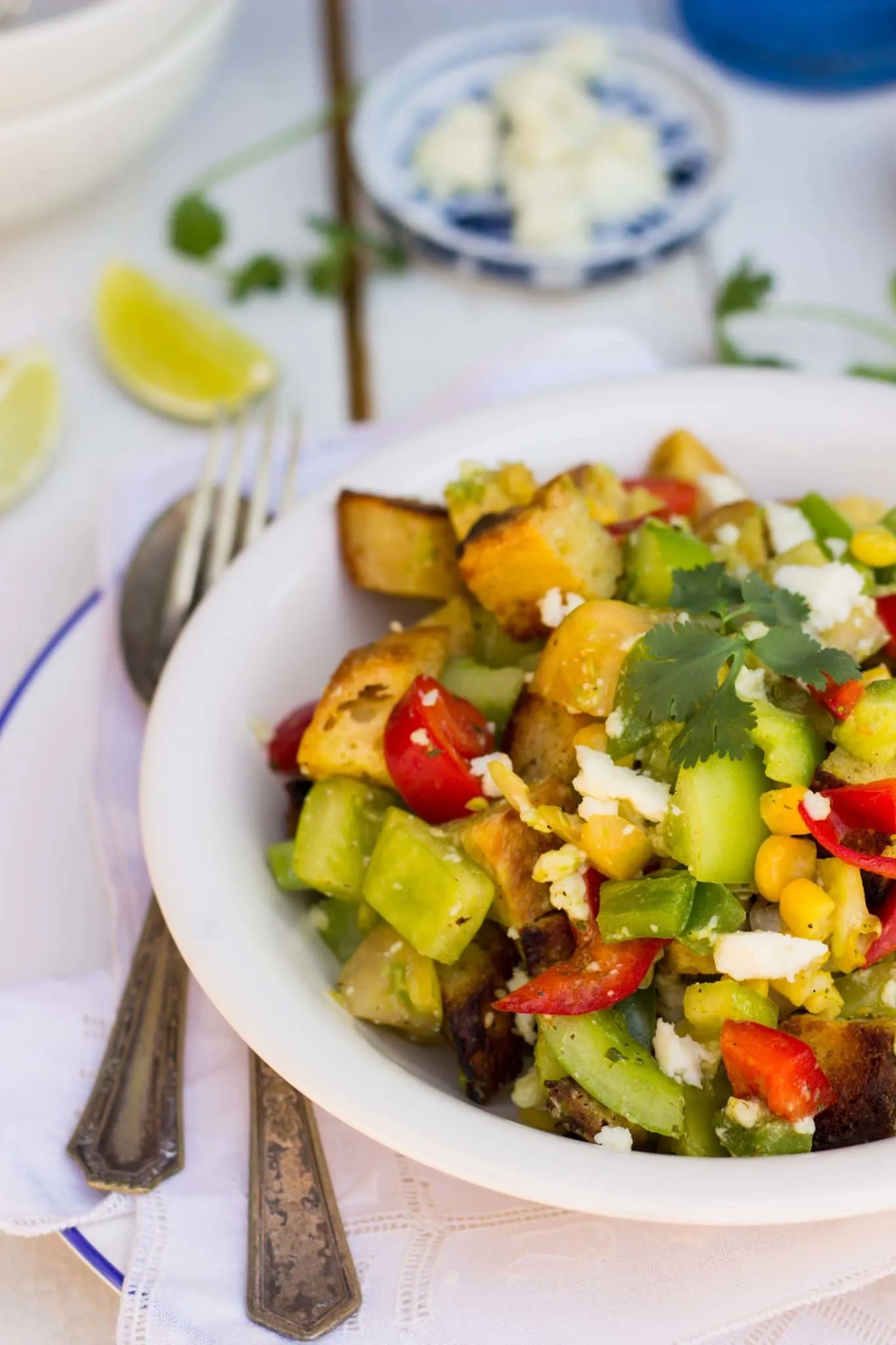 Green Tomato Southwestern Panzanella Salad with Cilantro Lime Dressing