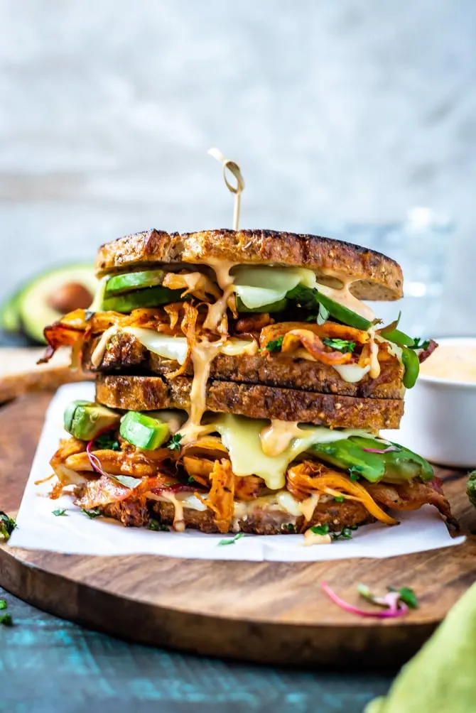 Grilled Chicken Bacon and Avocado Melts with Sun Dried Tomato Basil Mayo