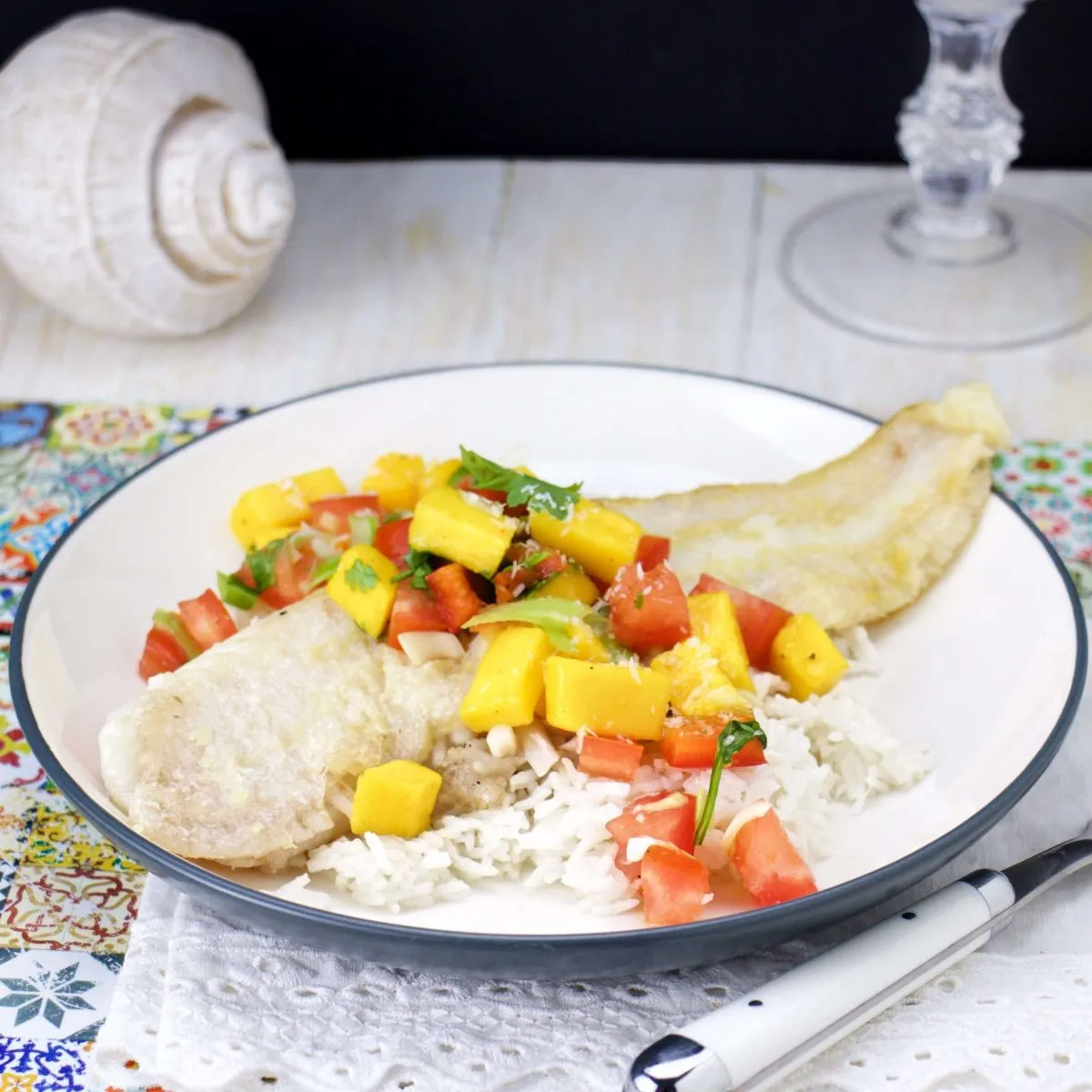 Grilled Marinated Fish with Tropical Salsa and Coconut Rice