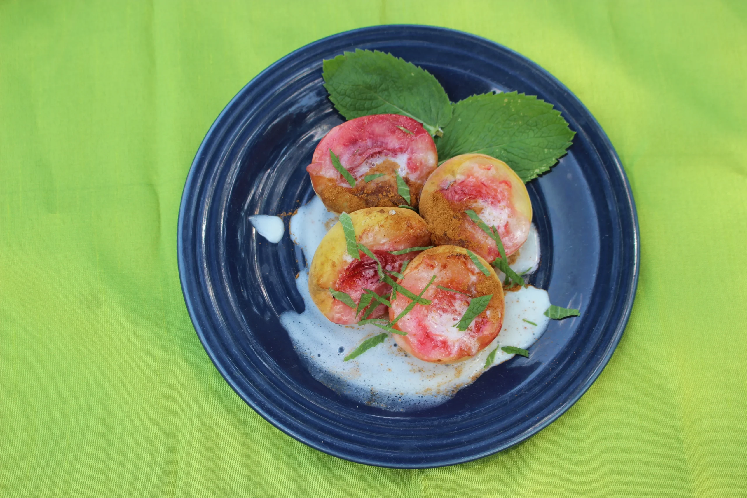 Grilled Peaches with Whipped Coconut Cream Honey Balsamic Drizzle Mint