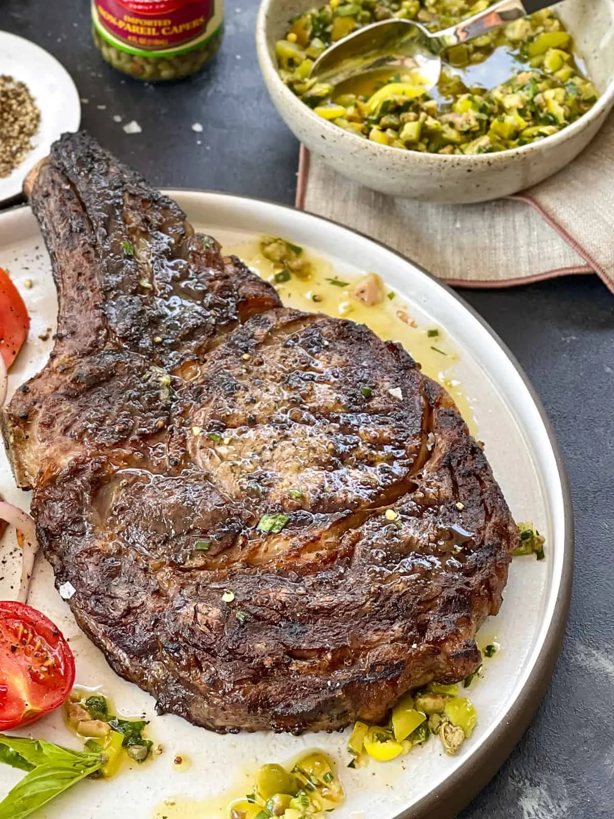 Grilled Rib Eye Steaks with Hatch Pepper Verde Sauce