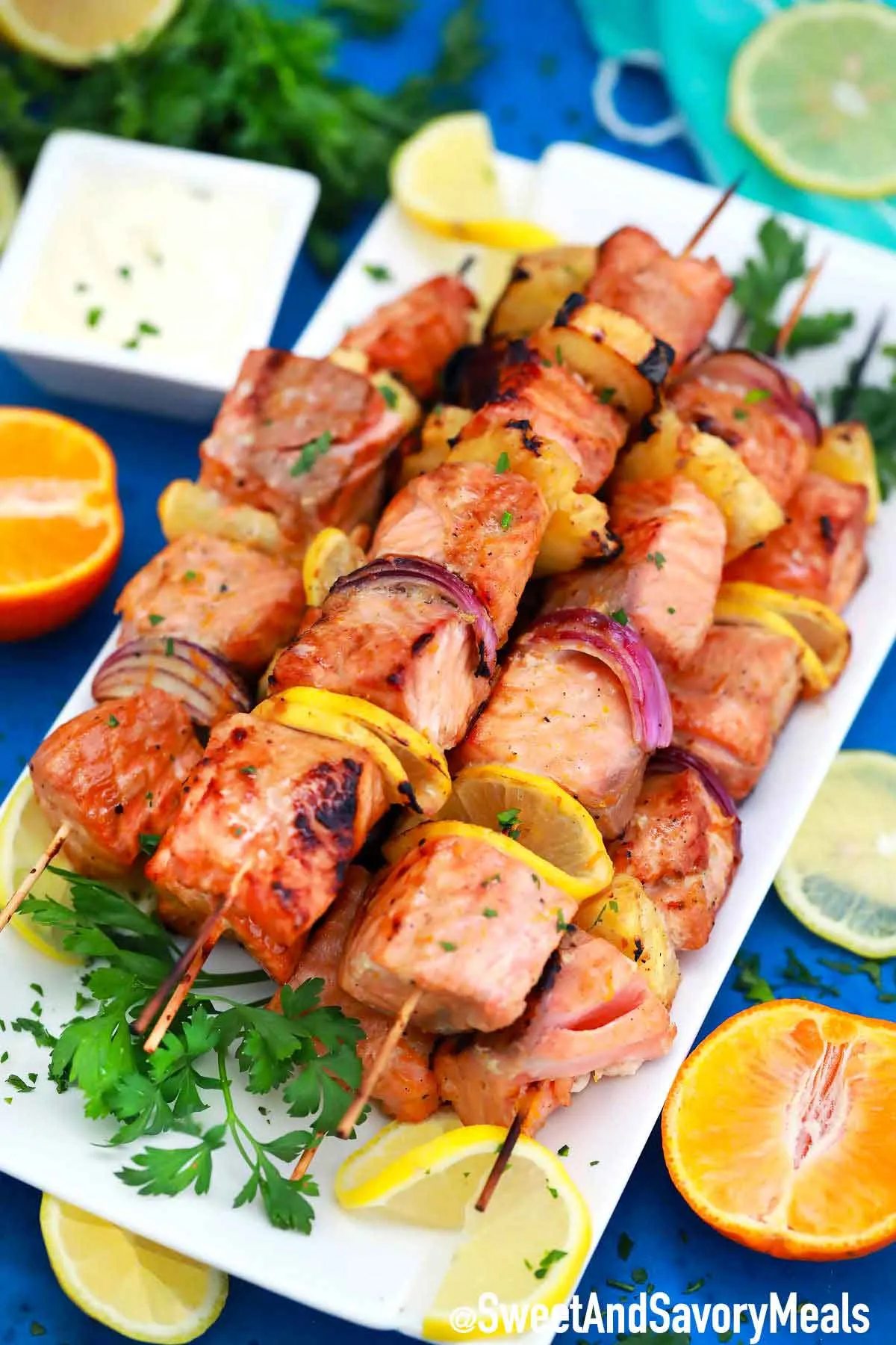 Grilled Salmon Shrimp Skewers with Jalapeno Bacon