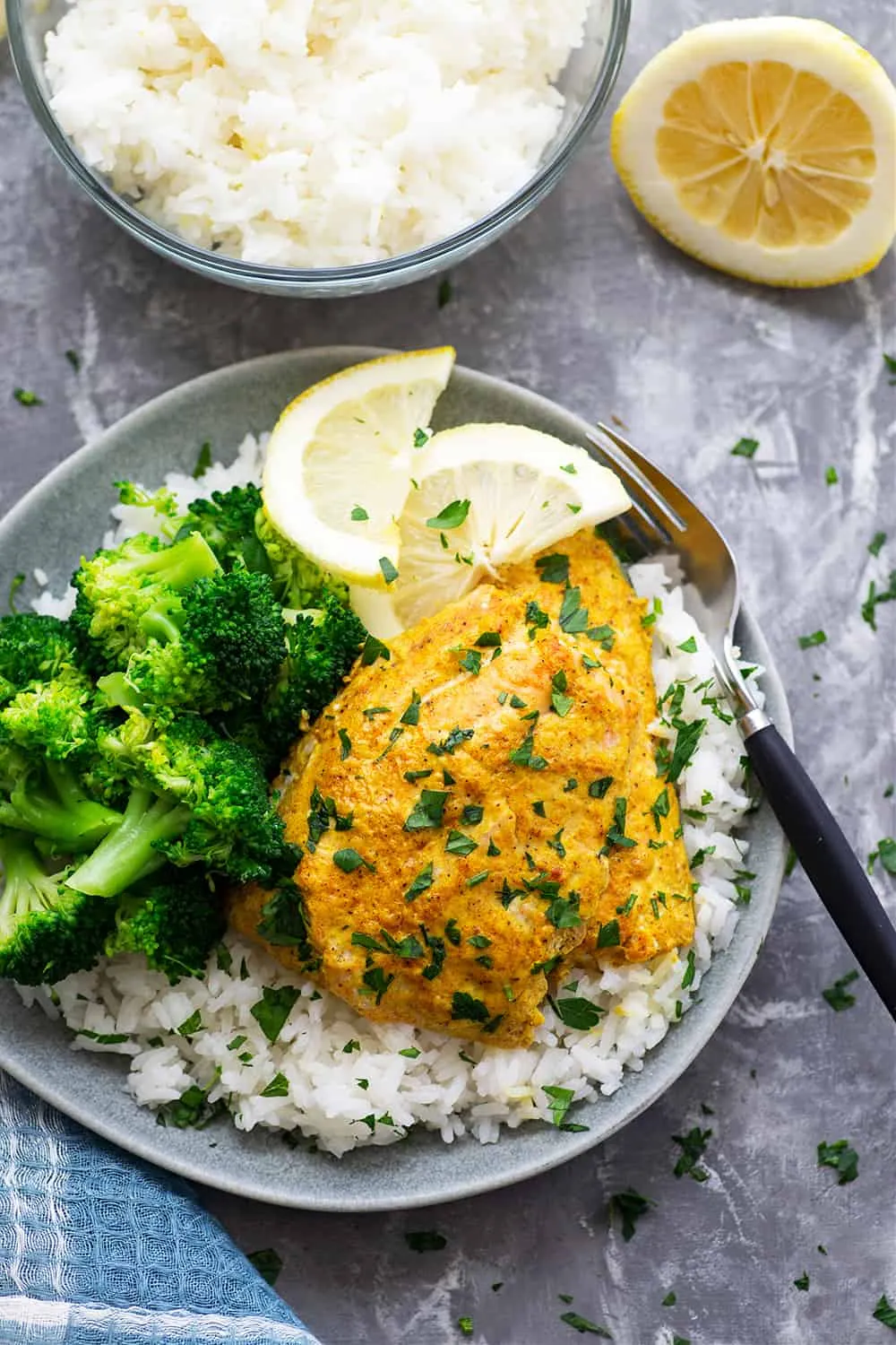 Grilled Salmon with Thai Curry Sauce and Basmati Rice