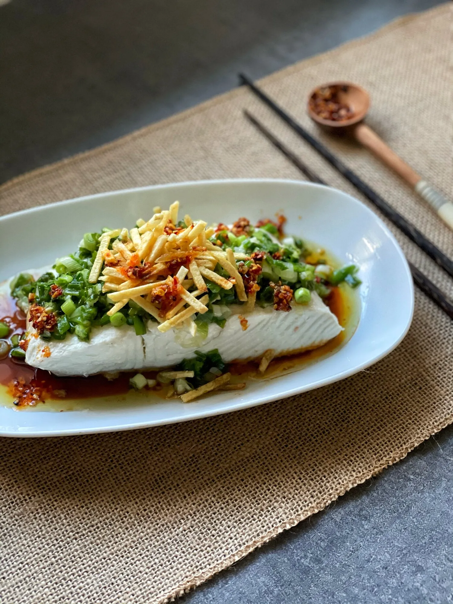 Halibut with Ginger Scallion and Toasted Sesame Seeds
