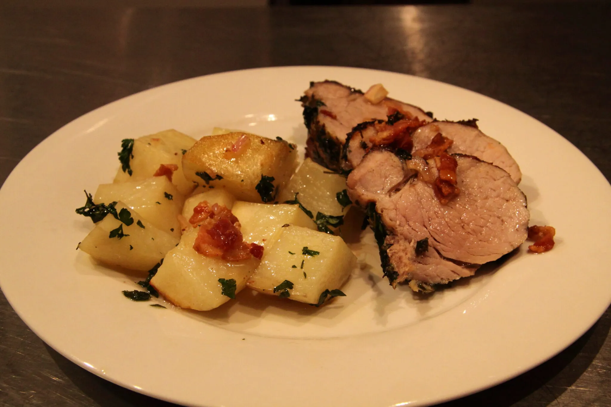 Herb Crusted Pork Tenderloin with Roasted Potatoes and Bacon Sherry Vinaigrette