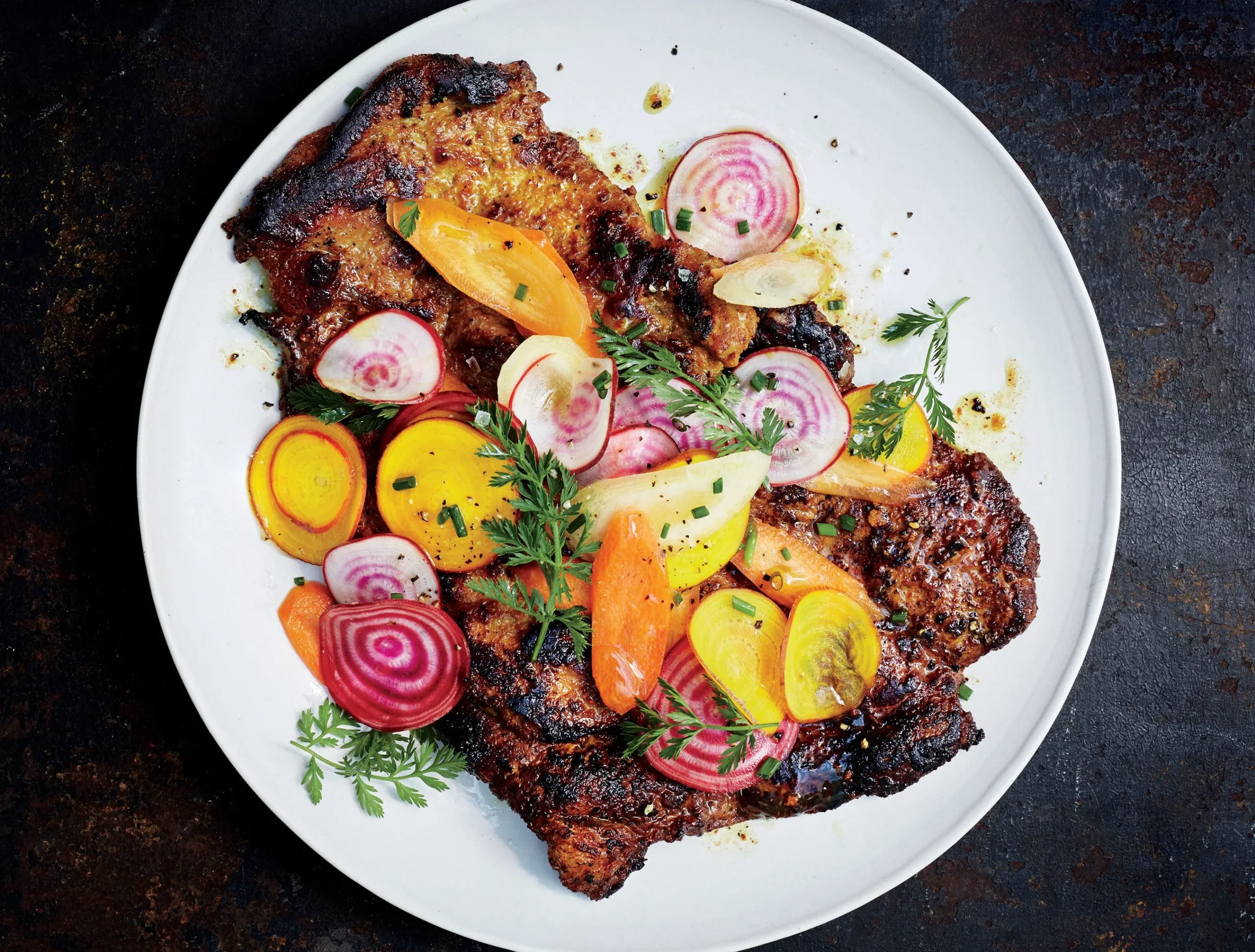 Honey Turmeric Pork Cutlet with Rainbow Beet and Carrot Salad