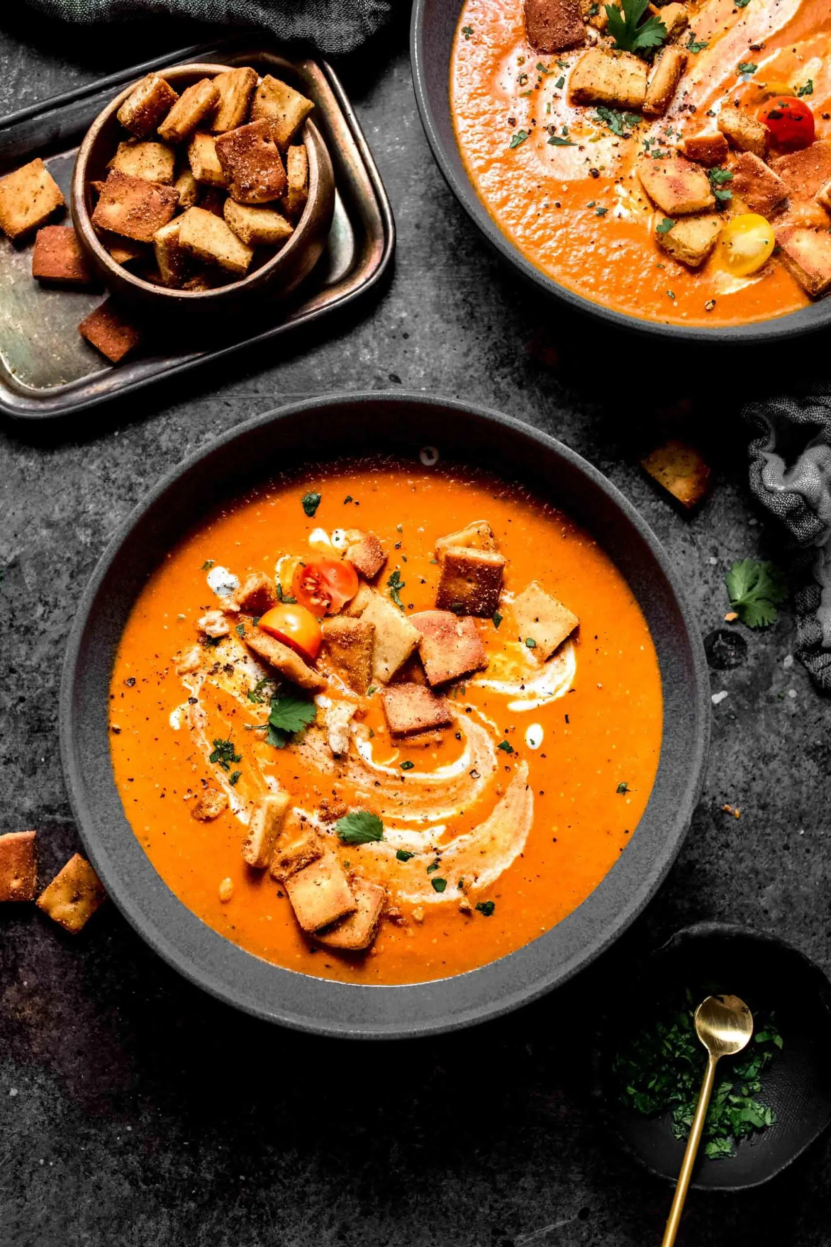 Indian Tomato Soup with Crispy Naan Croutons