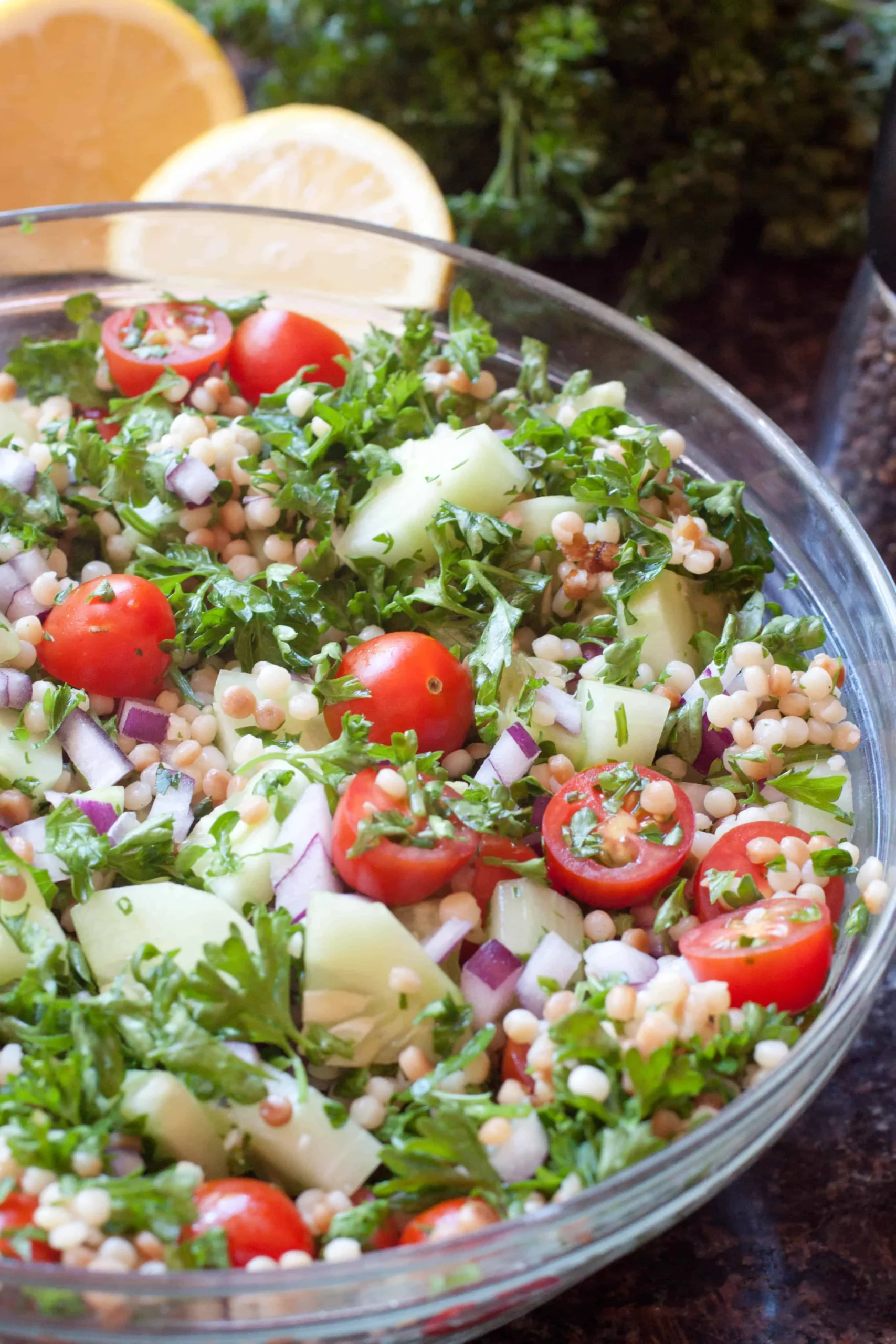 Israeli Couscous Salad with Asparagus, Cucumber, and Olives