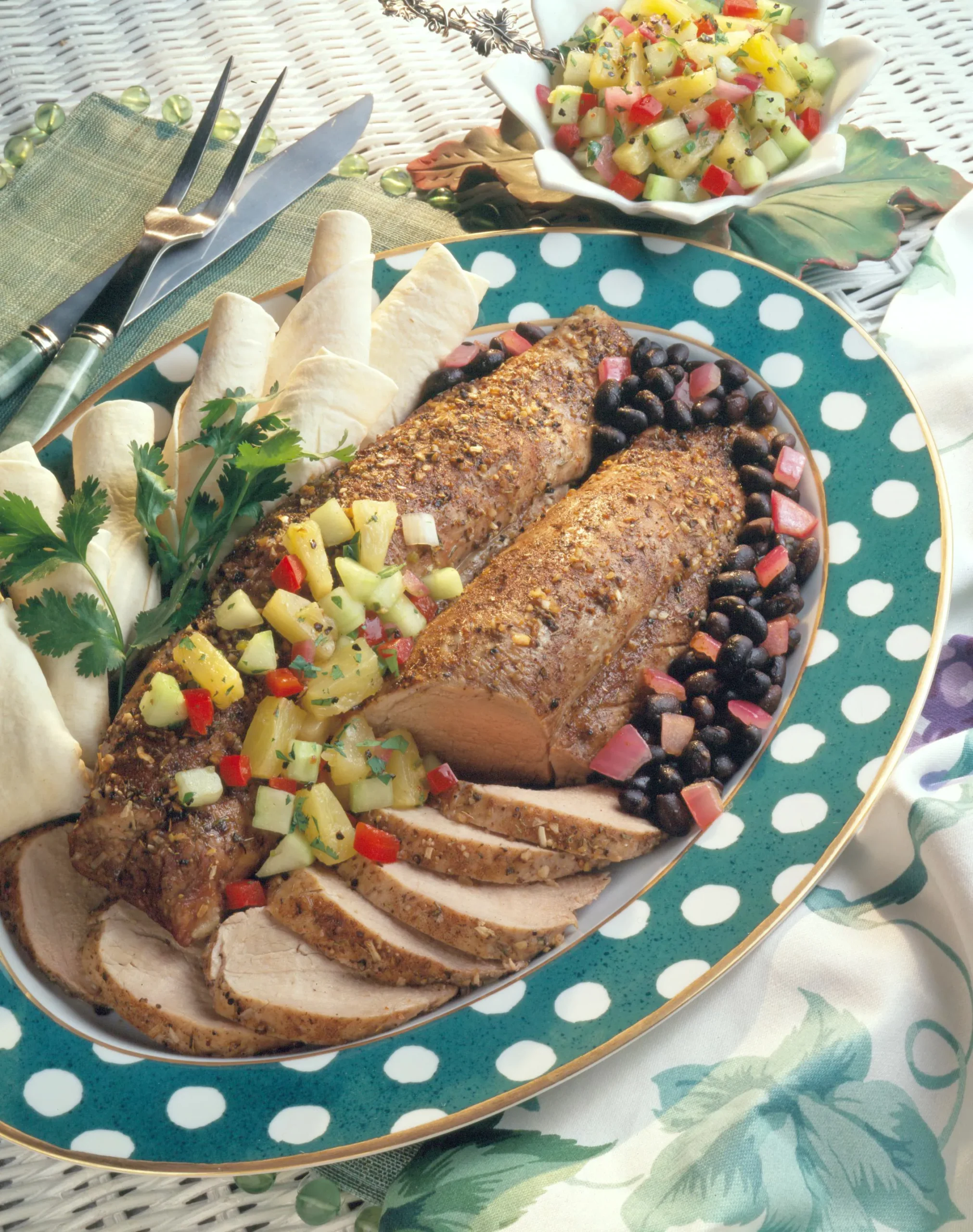 Jerk Pork Tenderloin with Black Beans and Pineapple Cucumber Salsa
