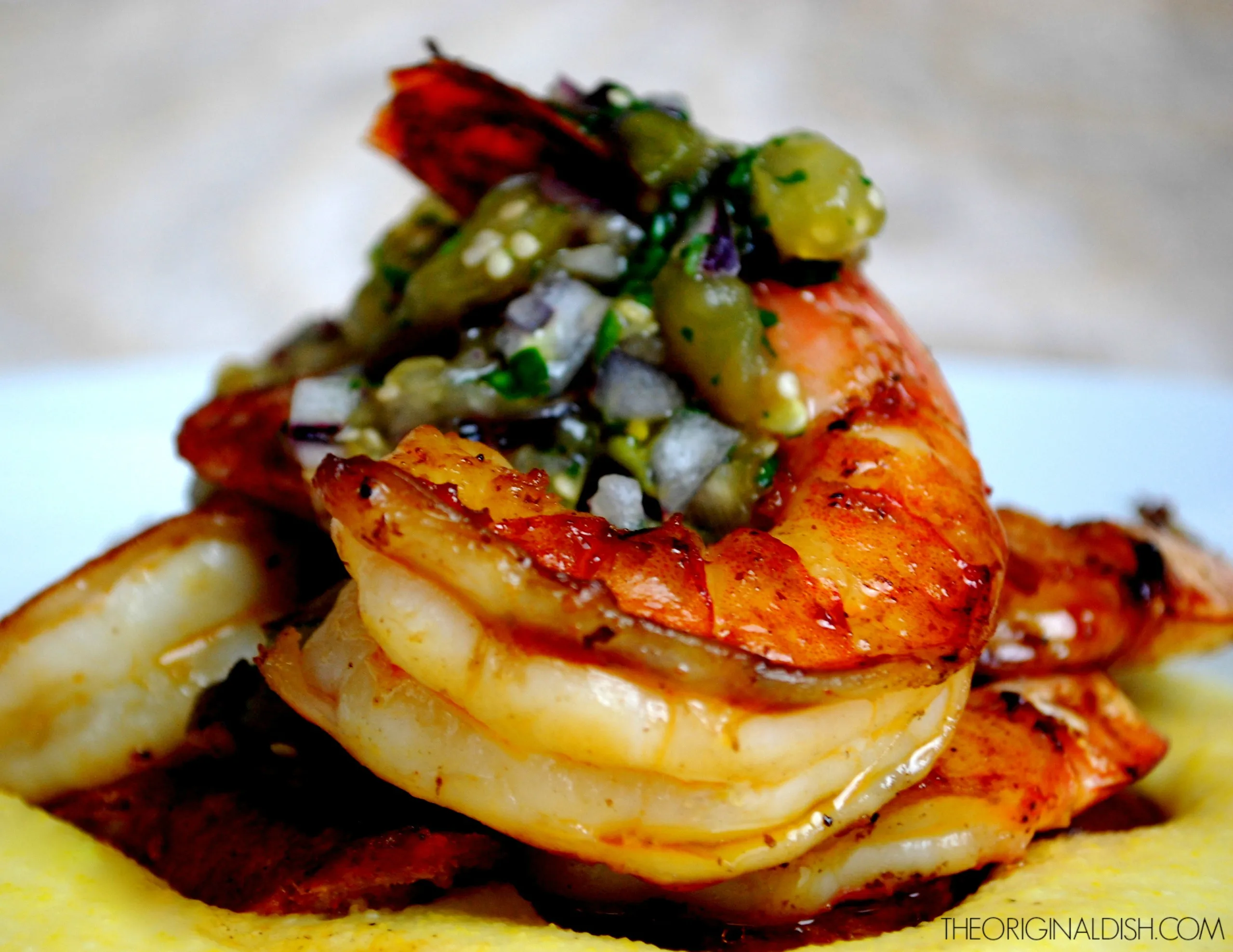 Jumbo Shrimp with Chorizo Manchego Polenta Salsa Verde