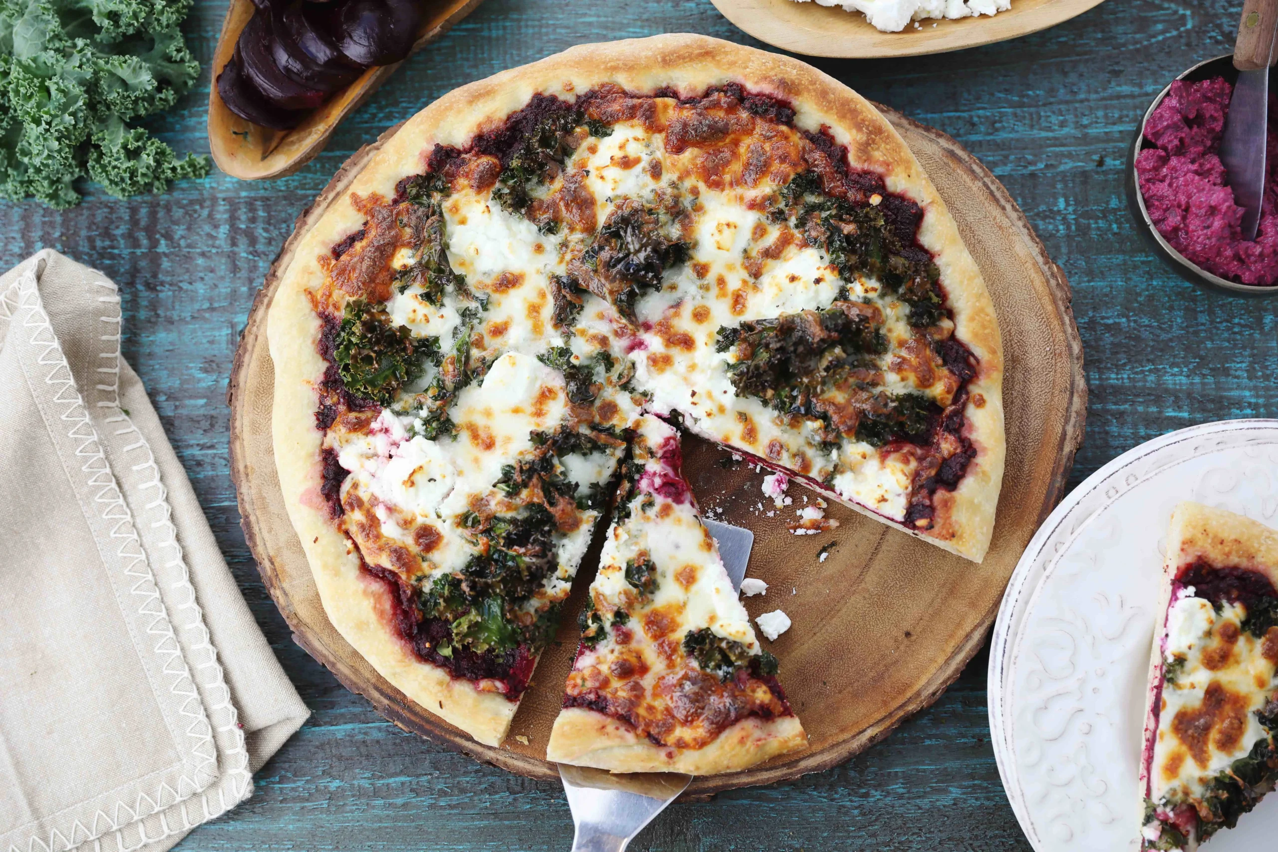 Kale Beet and Blue Cheese Pizza